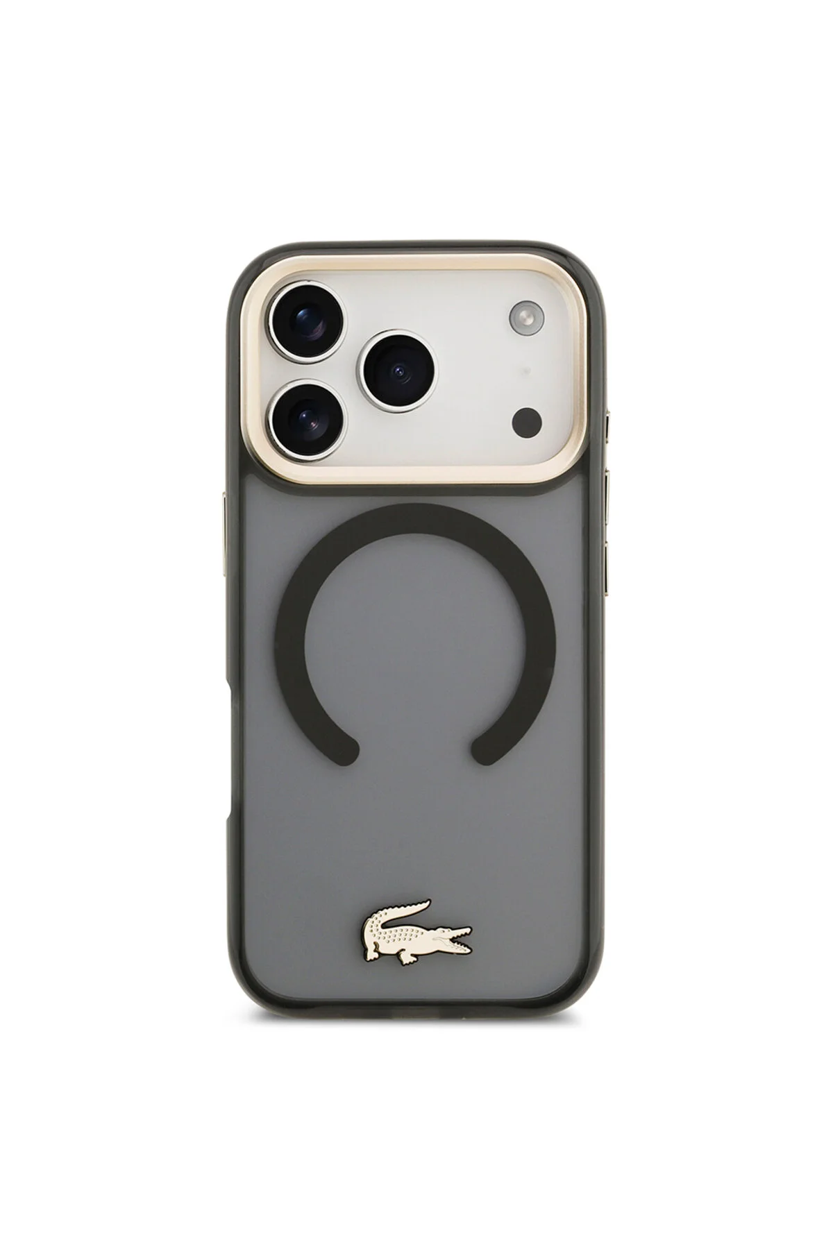 کاور و قاب سازگار با IPHONE 17 PRO اصل دارای مجوز M SAFE لوگوی طلایی کروکودیل پوشش مات مشکی Lacoste