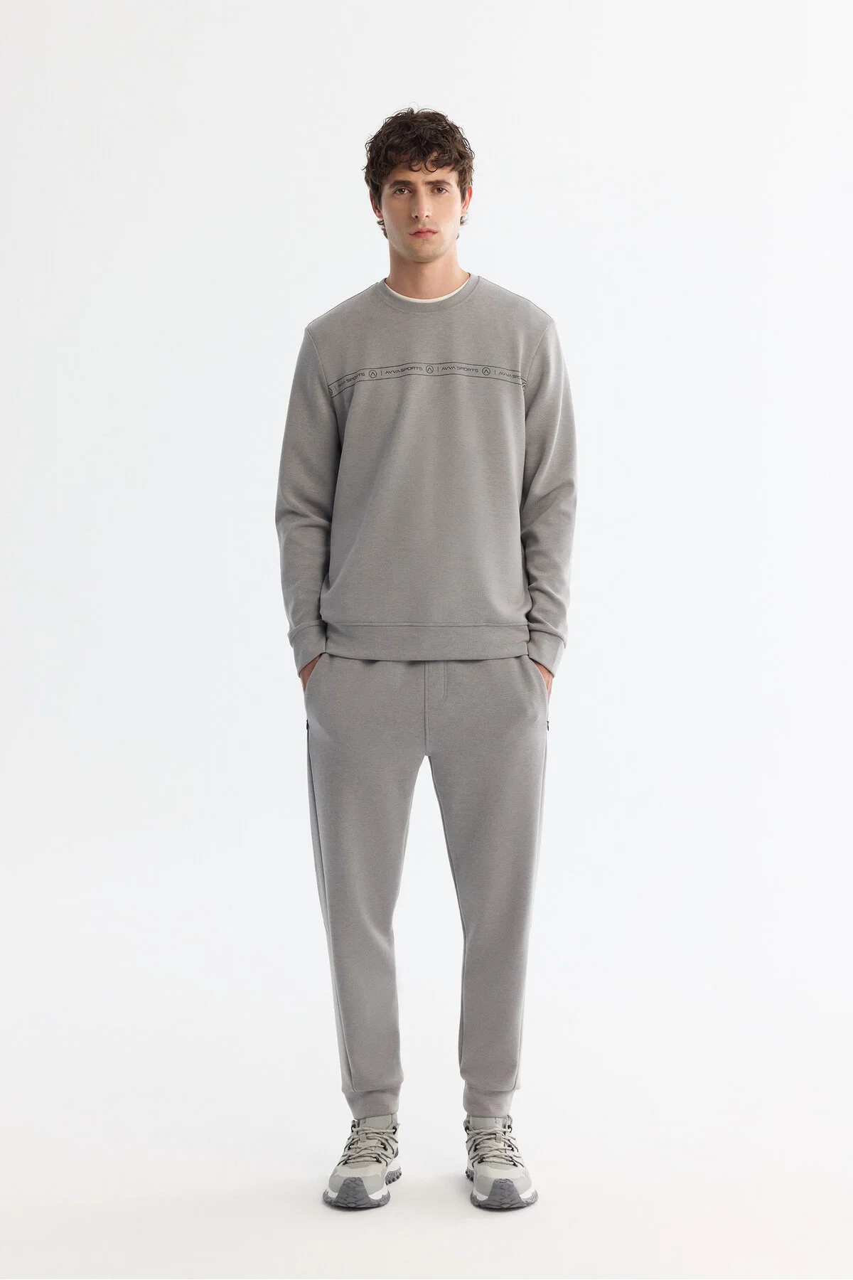 سویشرت خاکستری مردانه یقه دوچرخه طرح دار Elastan Sweatshirt آوا Avva