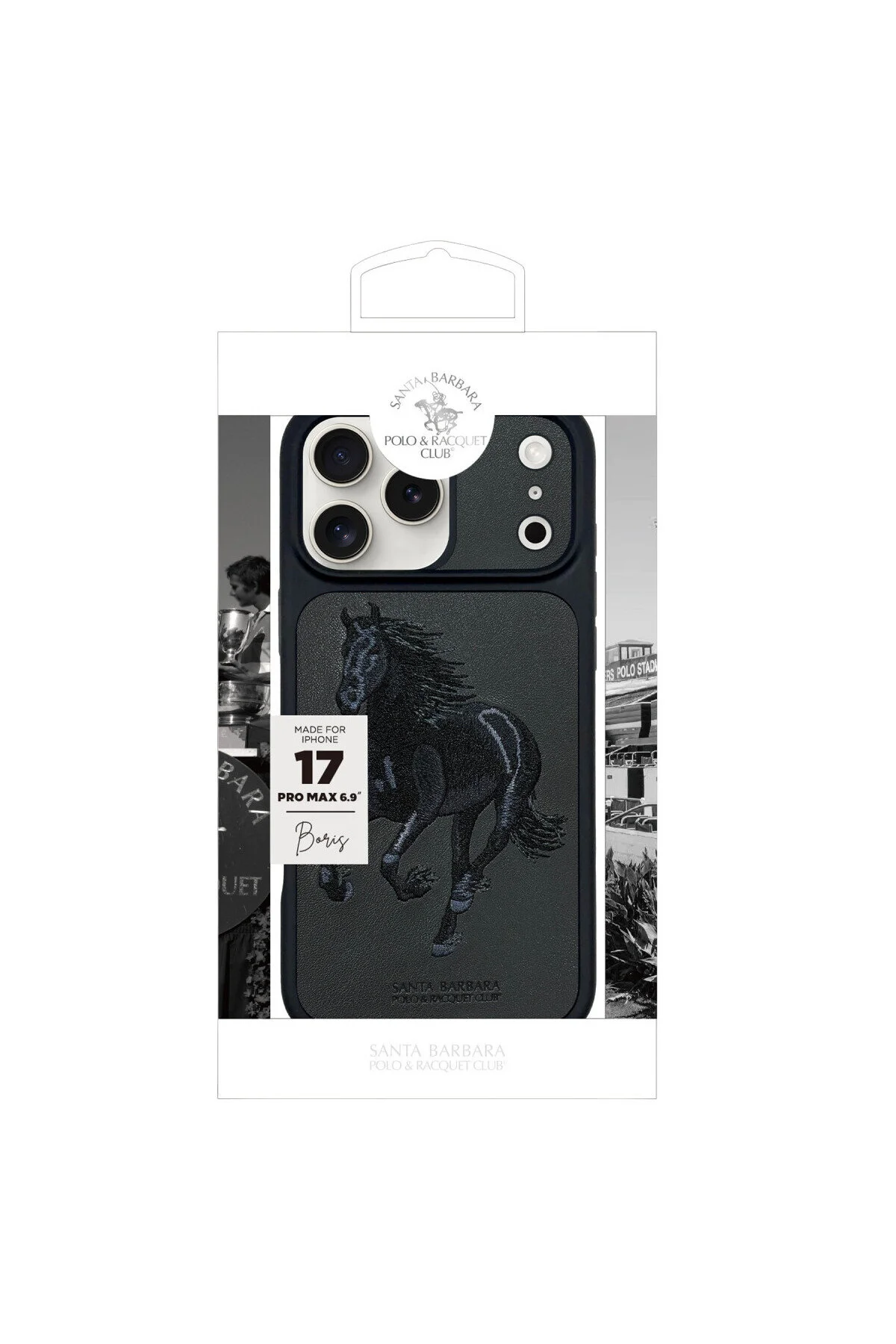کاور و قاب IPHONE 17 PRO COMPATIBLE CASE 3D PU چرم بوریس داخلی جیر قهوه ای Santa Barbara Polo Racquet Club