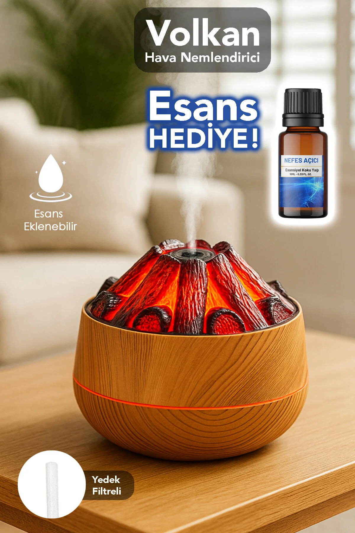 دستگاه بخور مرطوب کننده هوا VOLKAN بخار روشن 300 میلی لیتری پخش عطر قهوه ای 1 اسنس هدیه mimtec