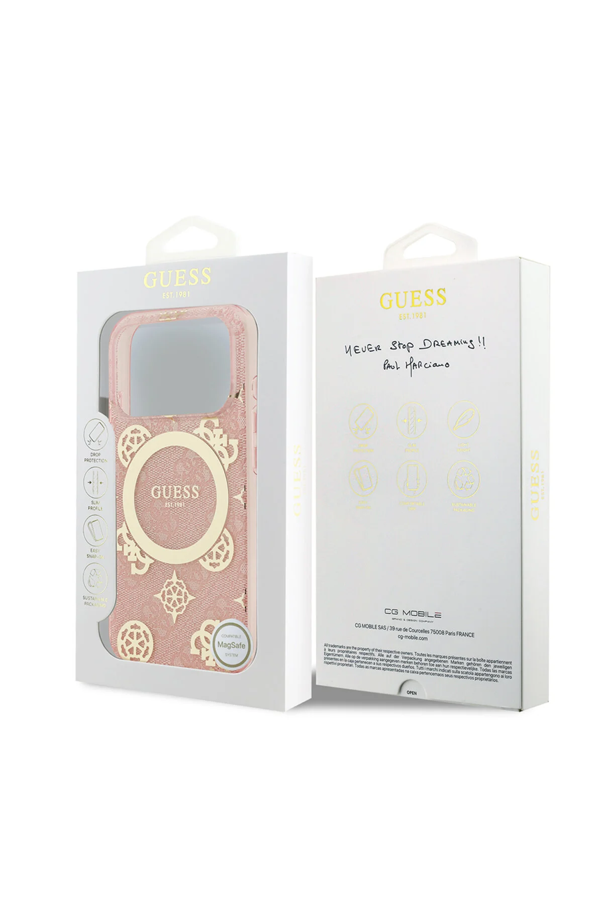 کاور و قاب سازگار IPHONE 17 PRO MAX دارای مجوز M SAFE IML PEONY لوگوی کلاسیک با طرح 4G صورتی Guess