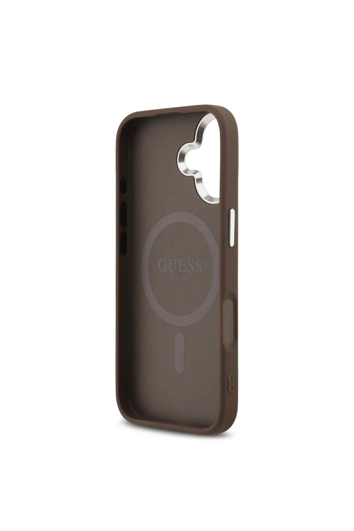 کاور و قاب آیفون 17 دارای مجوز M DISTANCE مثلثی دوربین نقره‌ای نشان‌واره 4G با طرح قهوه‌ای Guess