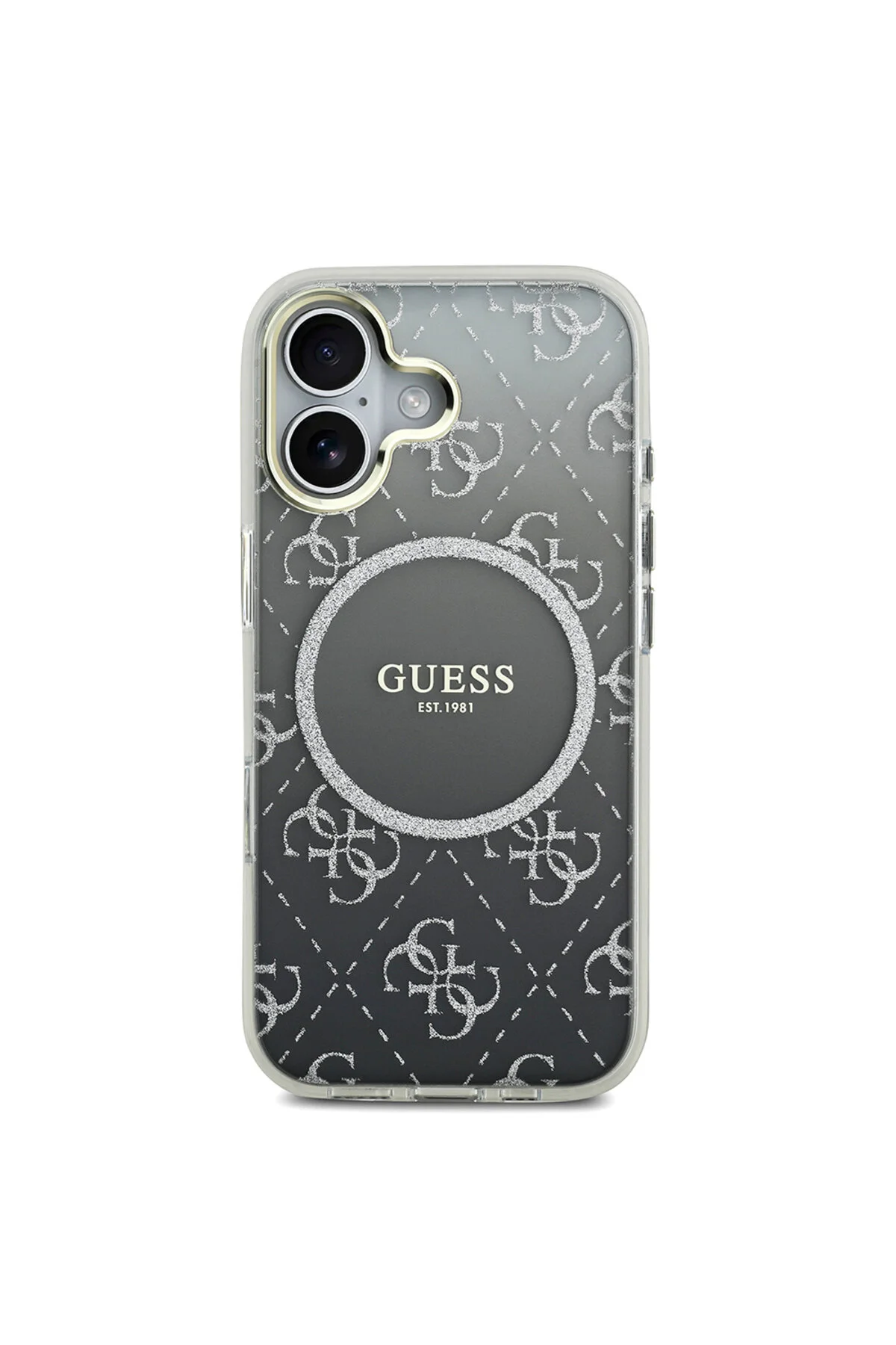 کاور و قاب سازگار با آیفون 17 اصل دارای مجوز M SAFE طرح 4G براق پوشش سیلیکونی خاکستری Guess