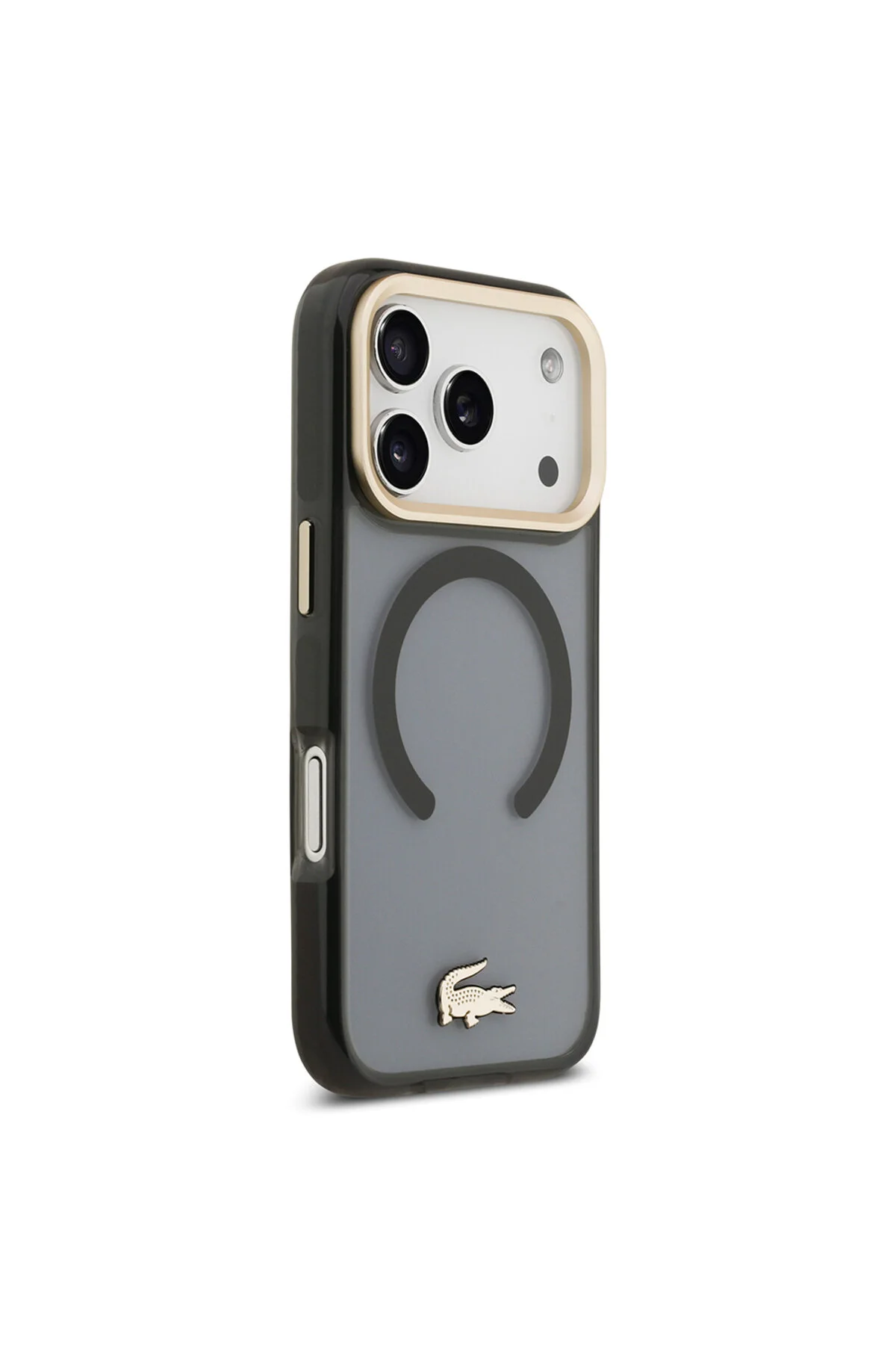 کاور و قاب سازگار با IPHONE 17 PRO اصل دارای مجوز M SAFE لوگوی طلایی کروکودیل پوشش مات مشکی Lacoste