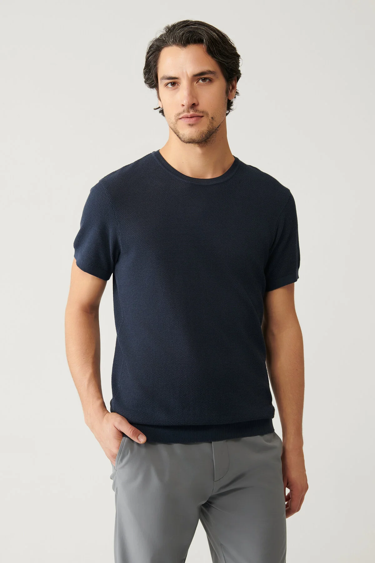تی شرت آبی مردانه یقه دوچرخه سواری Open Navy Uny Texhed Cotton Thirt آوا Avva