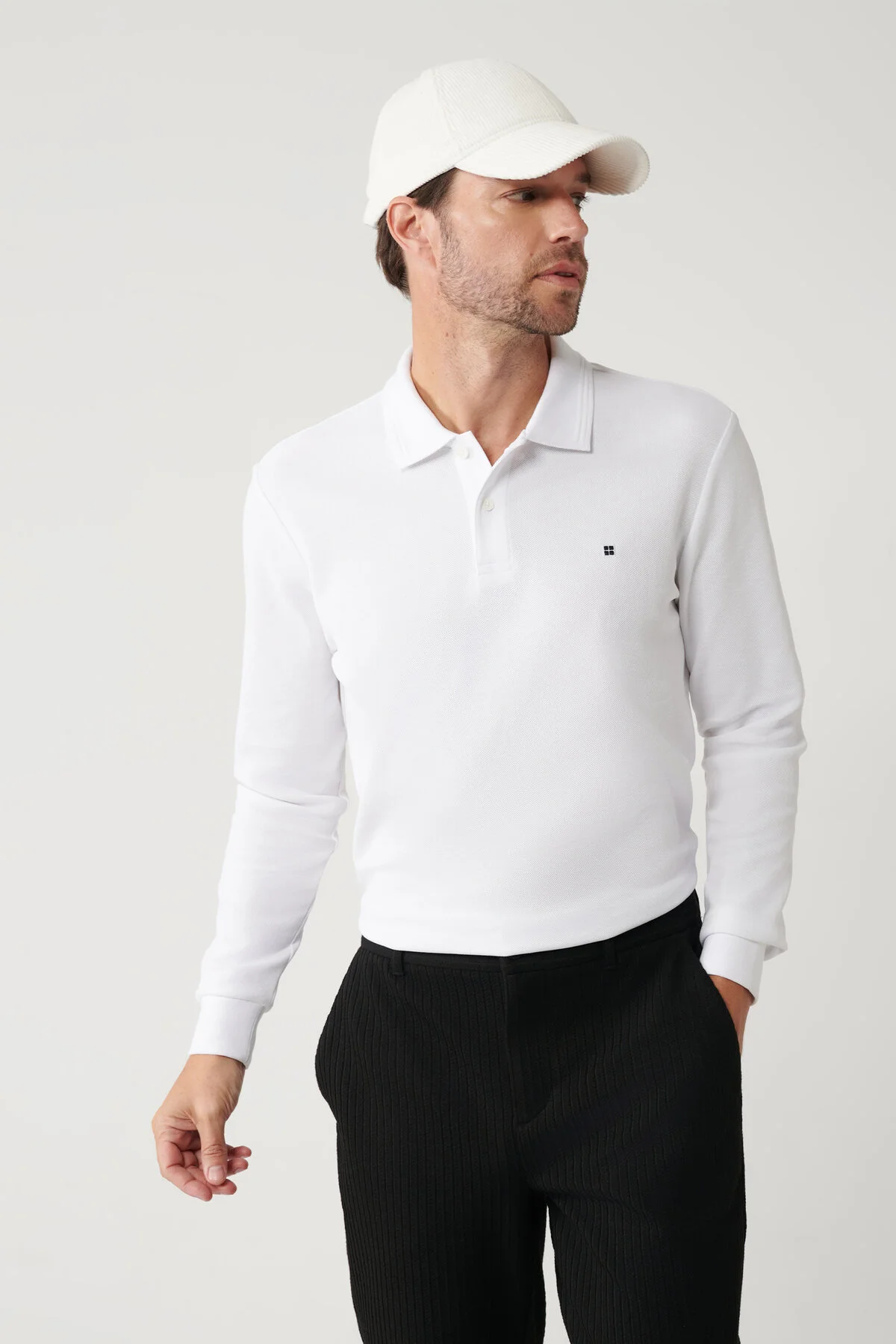 سویشرت سفید مردانه دکمه 2 پنبه ای Polo Yaka Sweatshirt آوا Avva