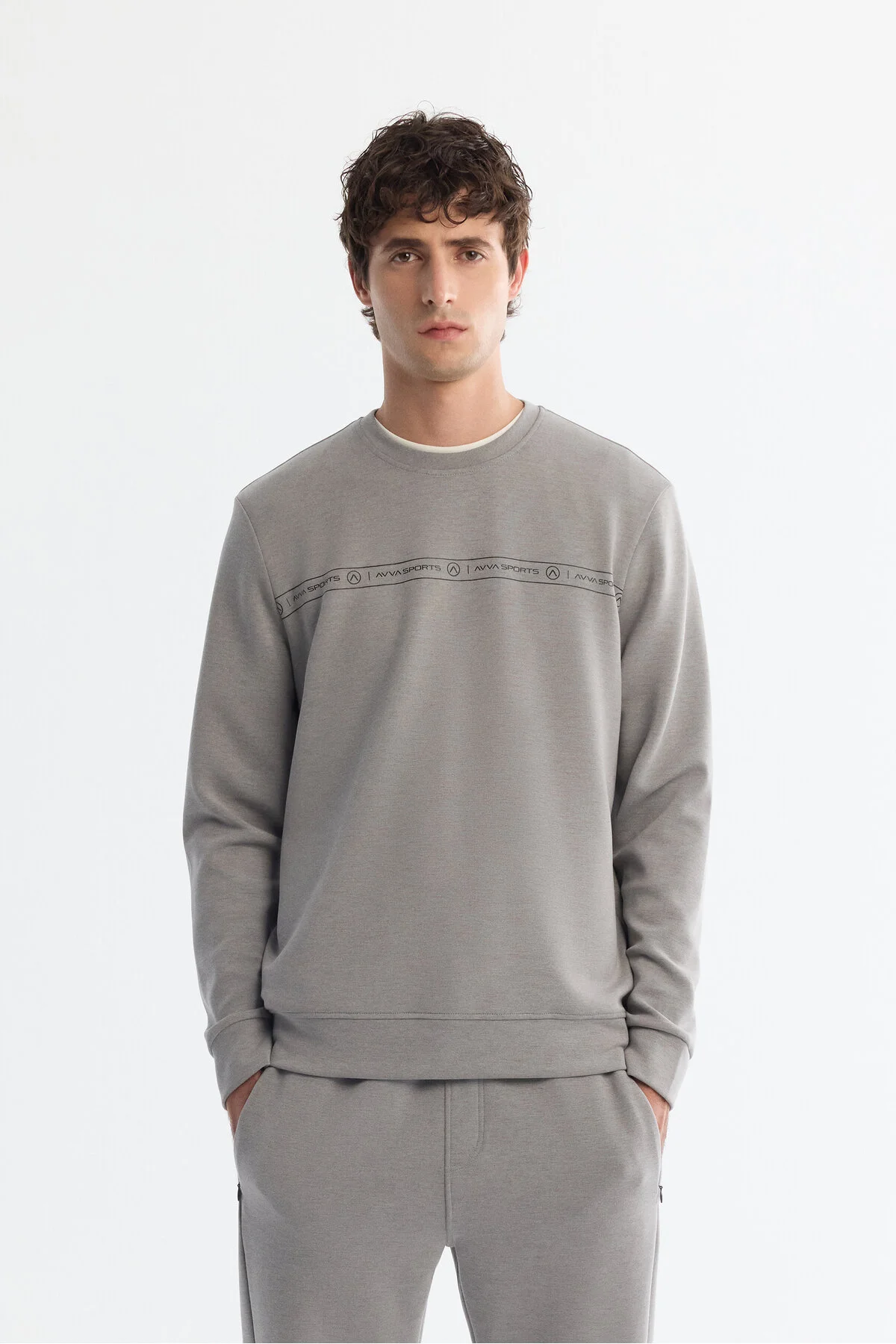 سویشرت خاکستری مردانه یقه دوچرخه طرح دار Elastan Sweatshirt آوا Avva