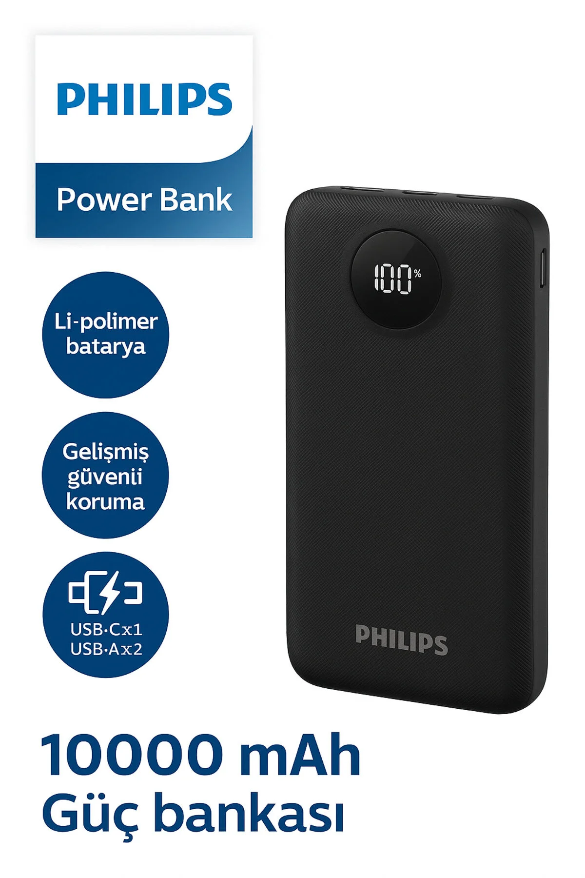 پاوربانک 10000 میلی آمپری DLP7712 شارژر قابل حمل شارژ سریع USB C و خروجی A دوگانه با نمایشگر LED اورجینال Philips