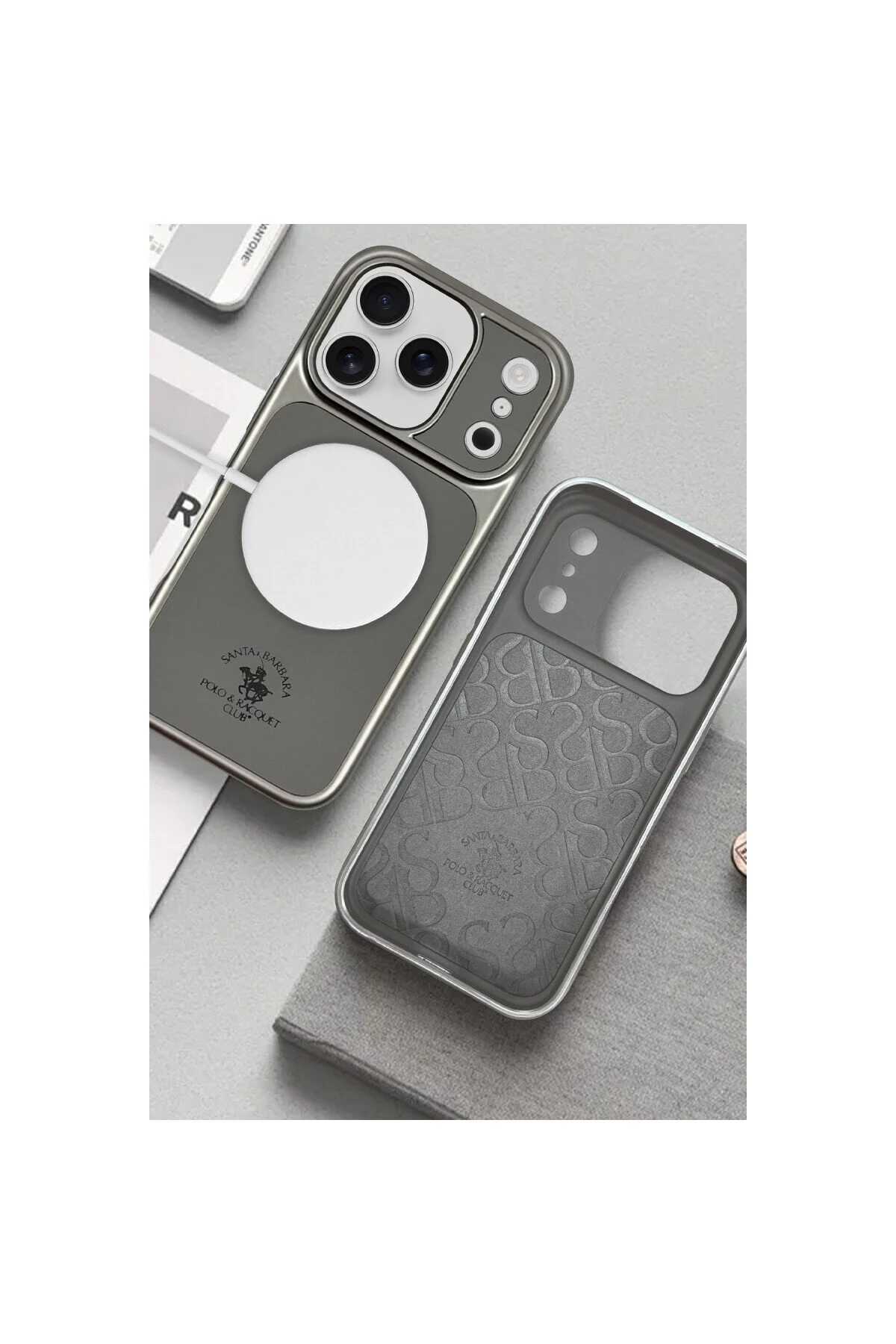 کاور و قاب IPHONE 17 PRO با روکش چرمی لوکاس جیر که از شارژ MAGSAFE پشتیبانی می کند نقره ای Santa Barbara Polo Racquet Club