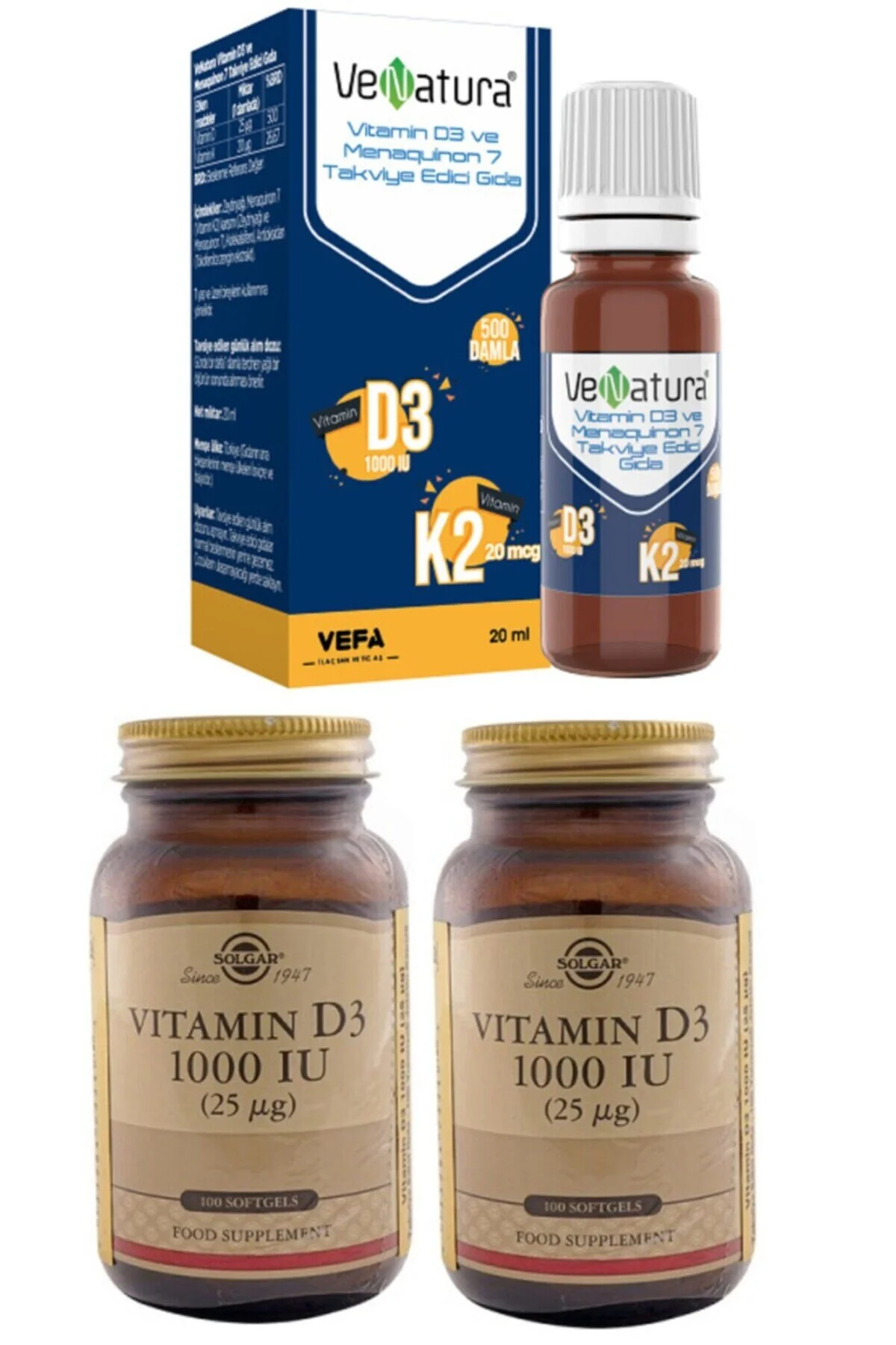 ویتامین 20 میلی لیتر قطره D 25 گرم K +SOLGAR D3 IU 100 کپسول نرم افزاری 2 قطعه Venatura