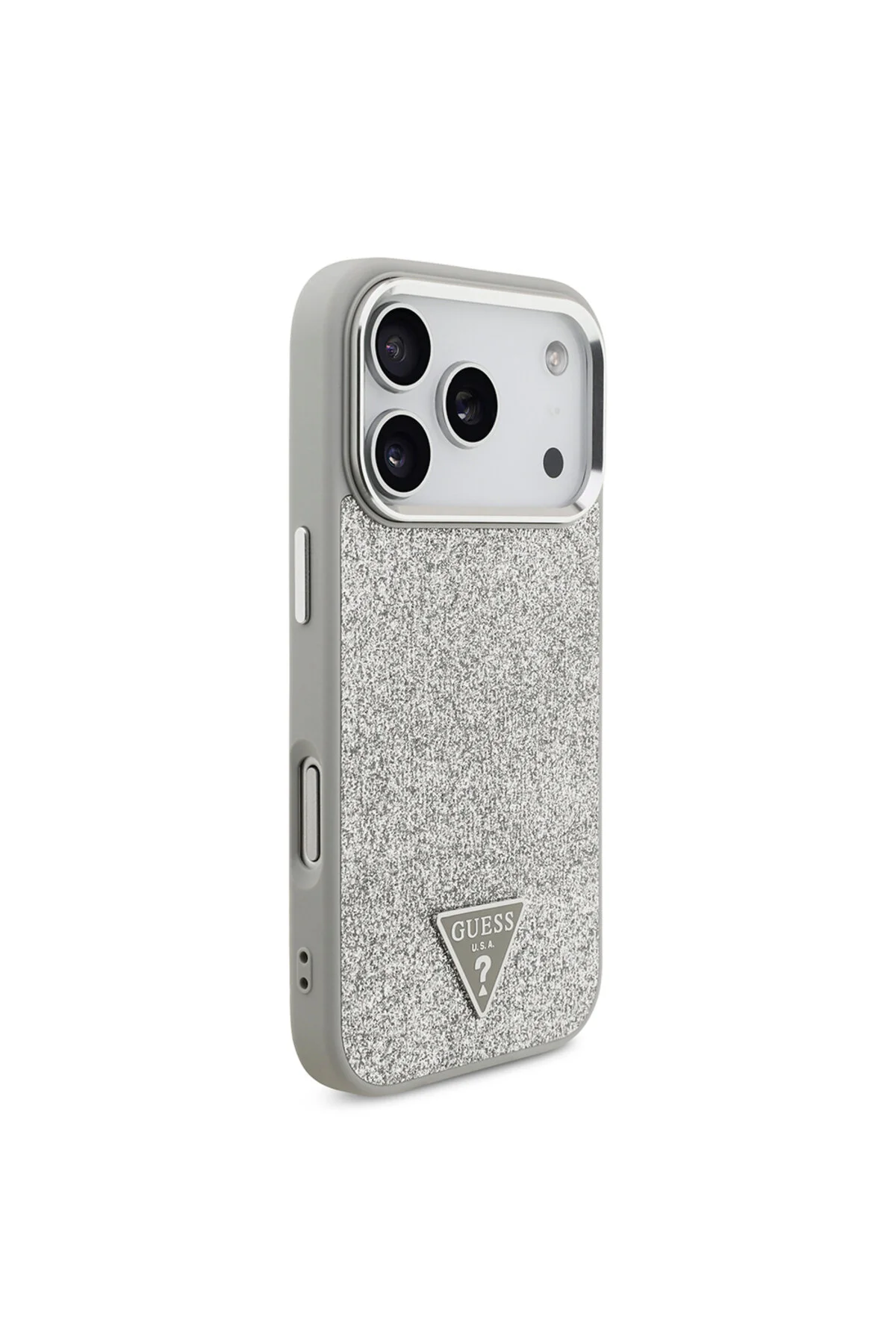 کاور و قاب سازگار با IPHONE 17 PRO دارای مجوز دوربین فلزی M DISTANCE خاکستری براق لوگوی مثلثی Guess