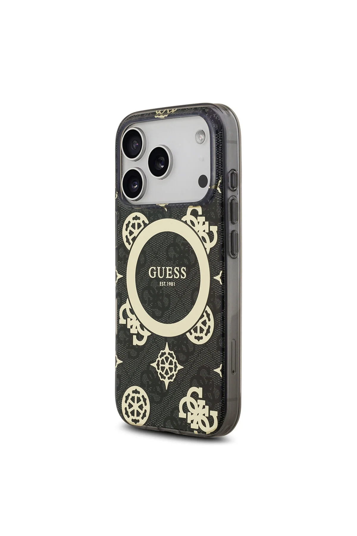 کاور و قاب سازگار IPHONE 17 PRO MAX دارای مجوز M SAFE IML PEONY مشکی طرح دار 4G با لوگوی کلاسیک Guess