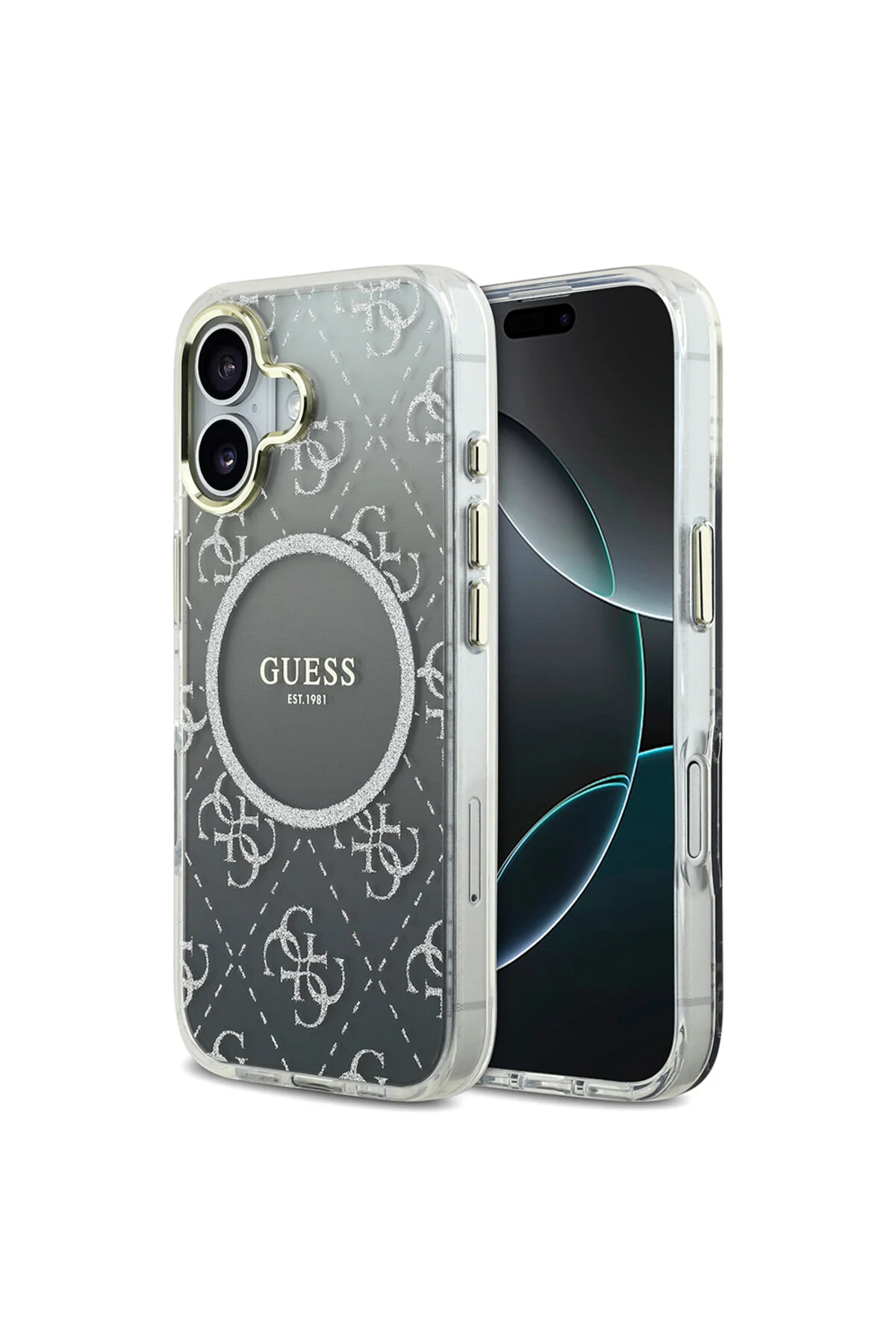 کاور و قاب سازگار با آیفون 17 اصل دارای مجوز M SAFE طرح 4G براق پوشش سیلیکونی خاکستری Guess