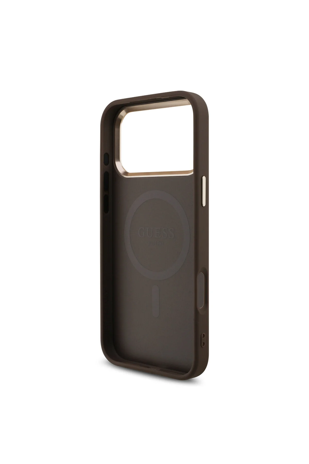 کاور و قاب سازگار IPHONE 17 PRO MAX دارای مجوز M SAFE STONE TRIANGLE LOGO طرحدار قهوه ای 4G Guess