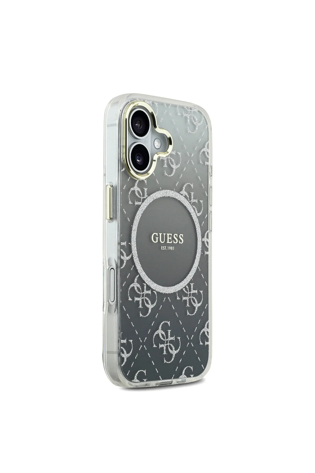 کاور و قاب سازگار با آیفون 17 اصل دارای مجوز M SAFE طرح 4G براق پوشش سیلیکونی خاکستری Guess