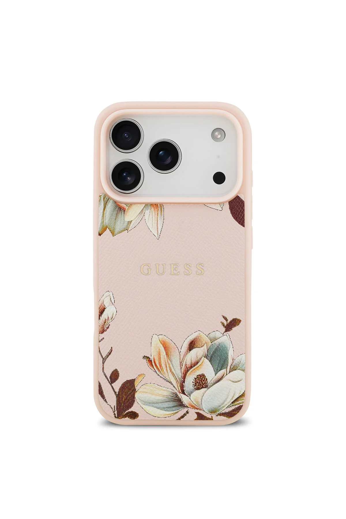 کاور و قاب سازگار با IPHONE 17 PRO MAX دارای مجوز طراحی گل دانه در فاصله M لوگوی نوشتاری فلزی صورتی Guess