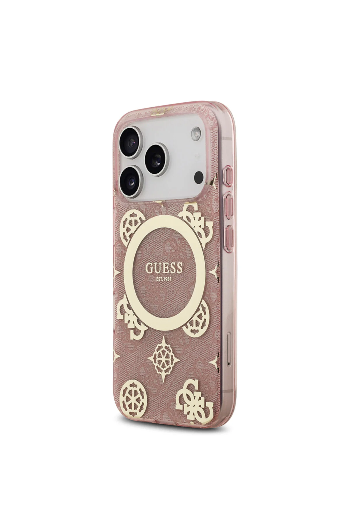 کاور و قاب سازگار IPHONE 17 PRO MAX دارای مجوز M SAFE IML PEONY لوگوی کلاسیک با طرح 4G صورتی Guess