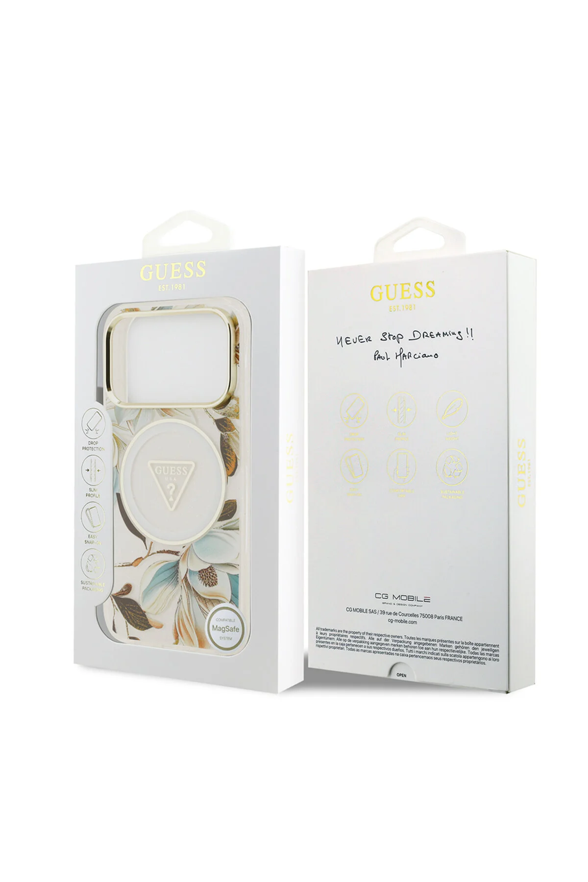 کاور و قاب IPHONE 17 PRO MAX CASE دارای مجوز M SAFE گل نقره‌ای طرح‌دار سفید با دوربین فلزی Guess