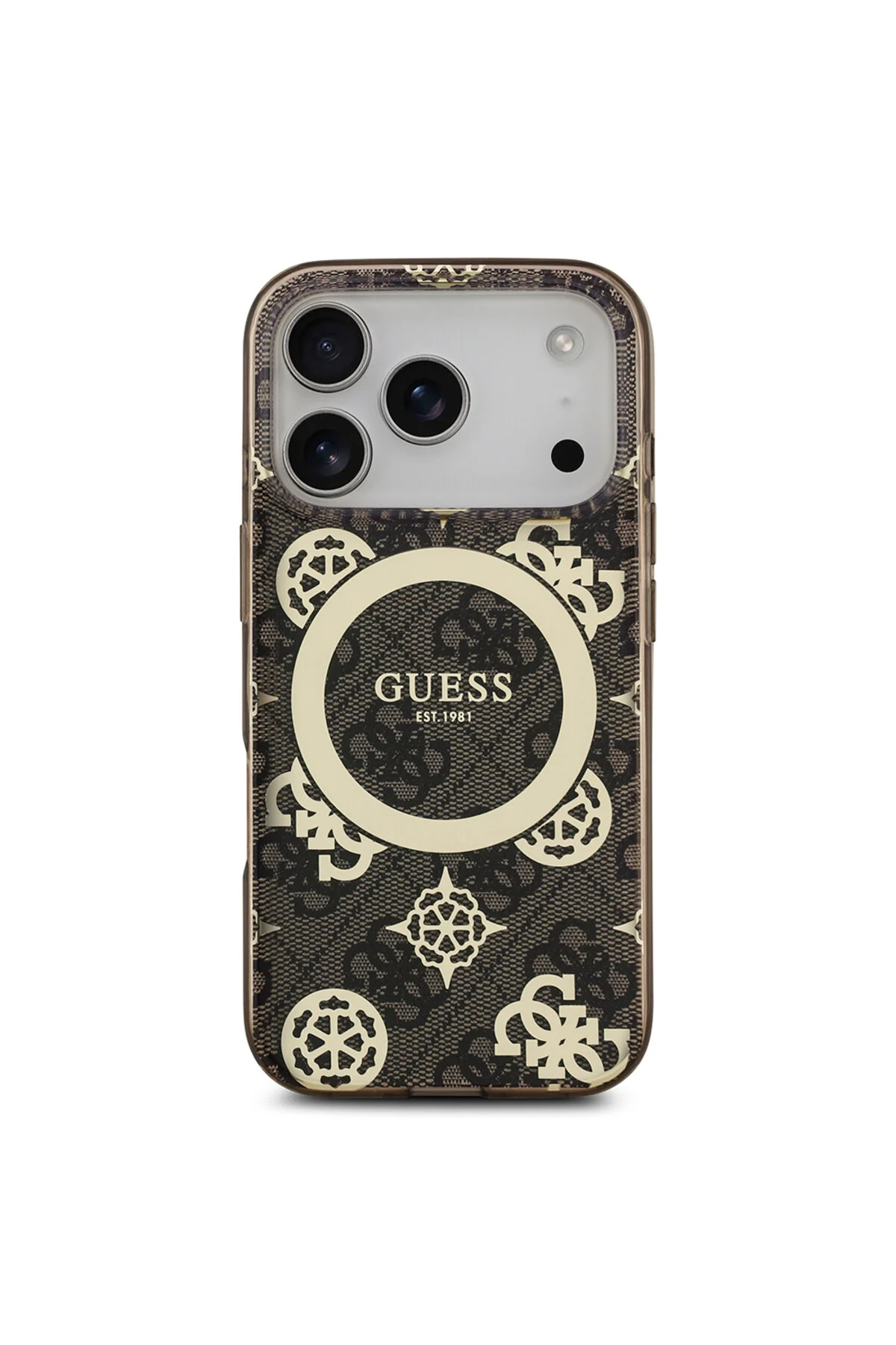 کاور و قاب IPHONE 17 PRO MAX CASE دارای مجوز M SAFE IML گل صد تومانی قهوه ای طرح دار 4G با لوگوی کلاسیک Guess