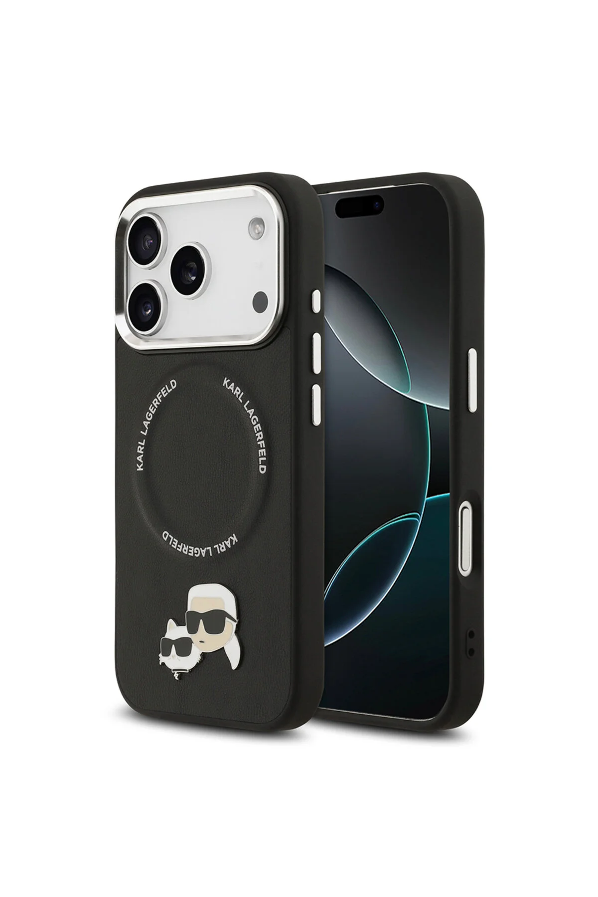 کاور و قاب سازگار آیفون 17 پرو مکس دارای مجوز دوربین فلزی فاصله M دکمه K&amp;C PU چرم مشکی Karl Lagerfeld