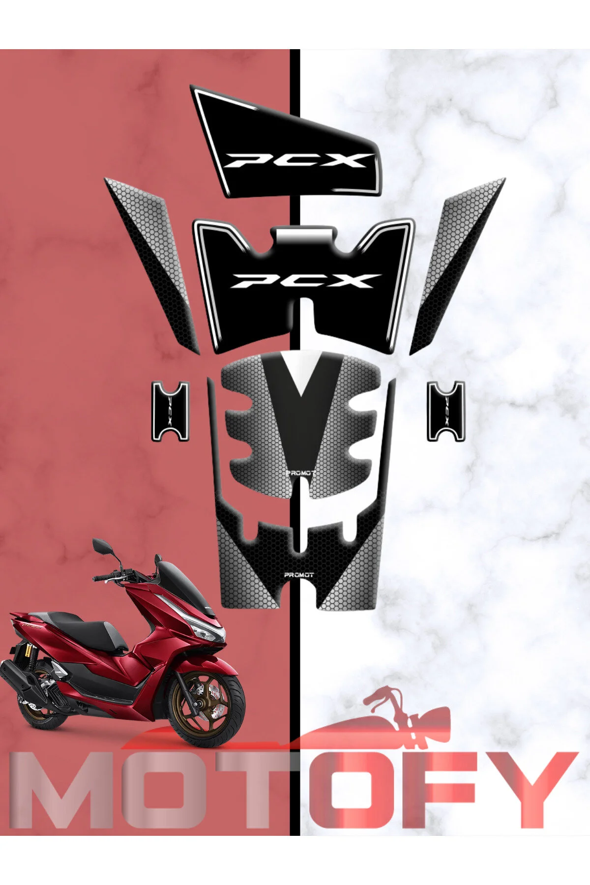 محصولات ضروری موتورسیکلت HONDA PCX 125 2025 ست پد مخزن با الگوی کربن سفید MOTOFY