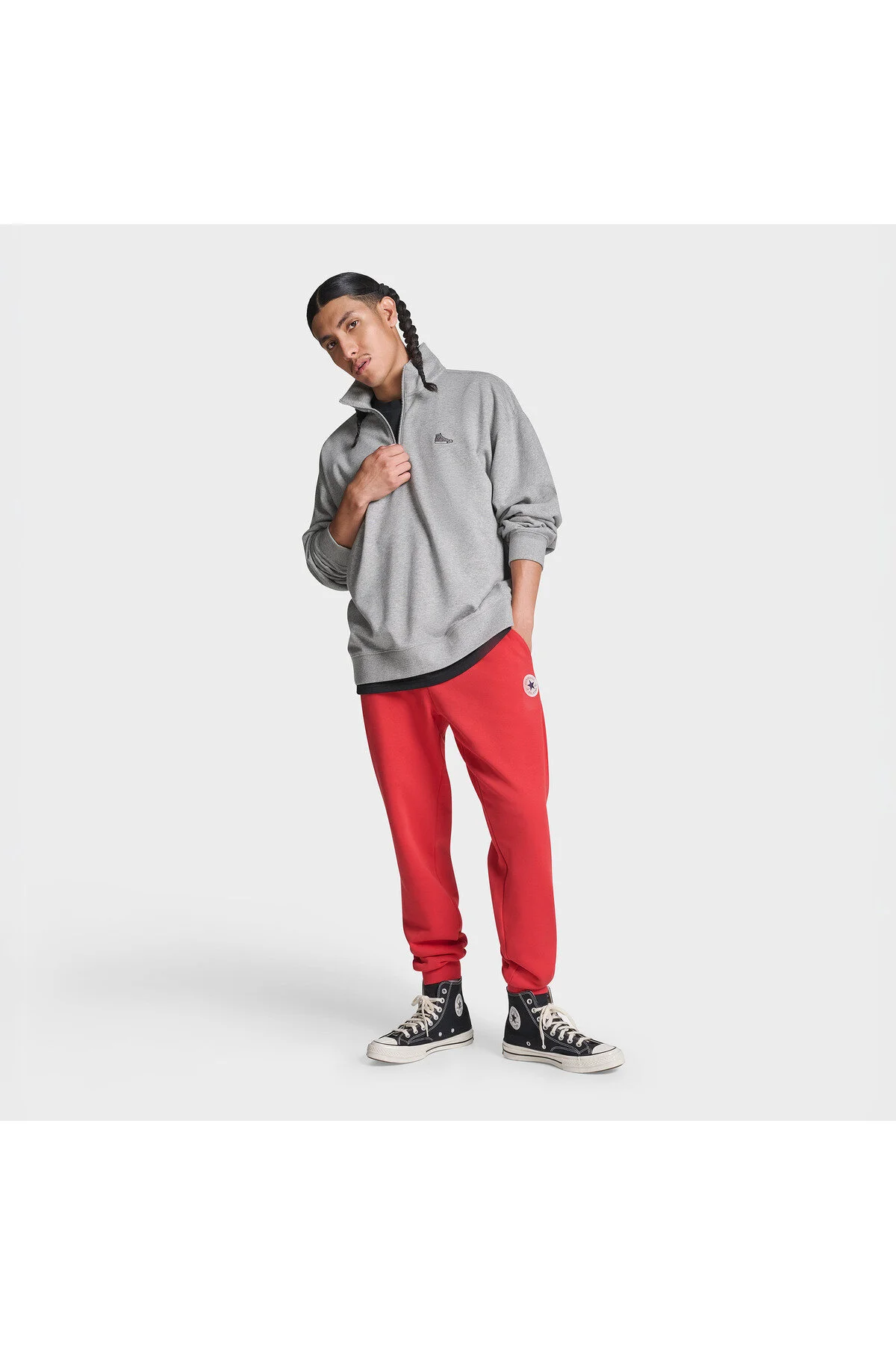 اسنیکر سویشرت مردانه کتانی گشاد با زیپ نیمه خاکستری کانورس Converse