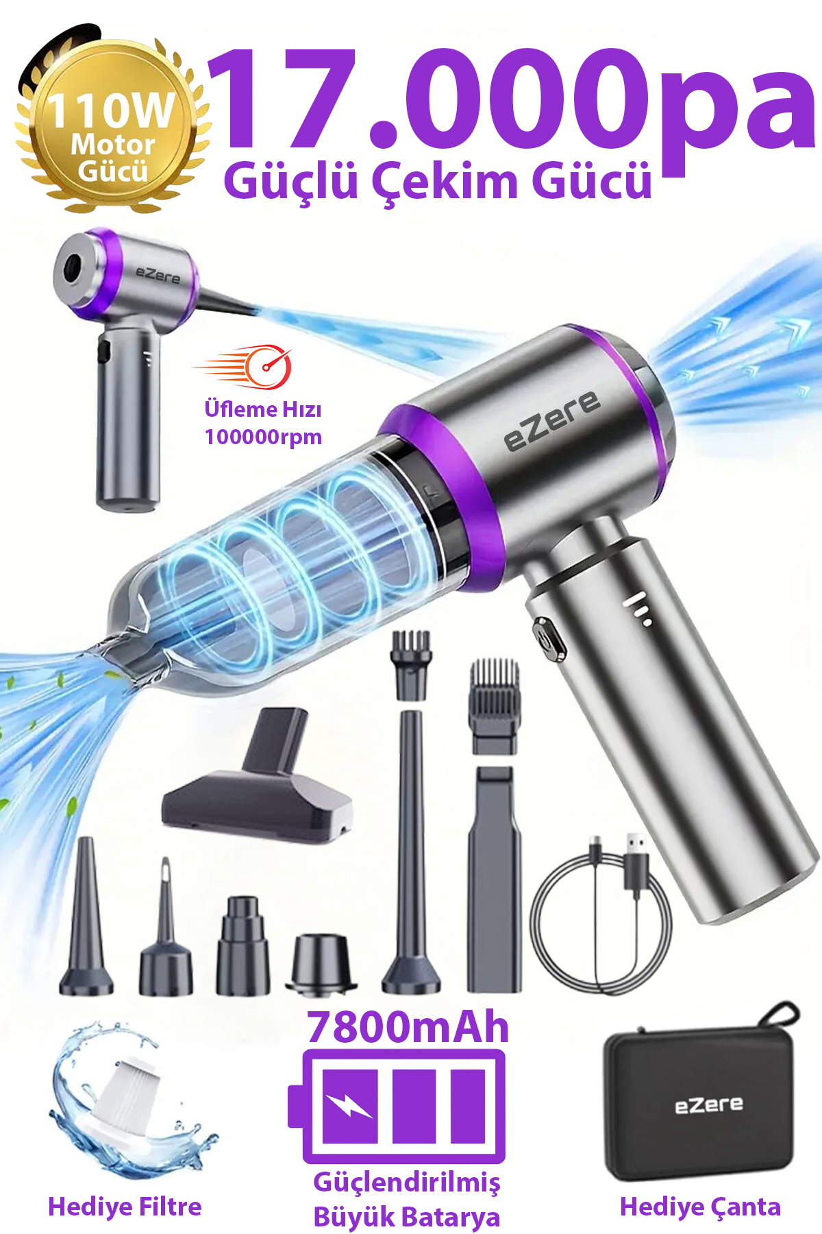 جاروبرقی داخل خودرو باتری تقویت شده 7800 میلی آمپر ساعتی 17000PA جارو برقی قابل حمل قدرتمند و بی سیم دمنده مینی ماشین EZERE