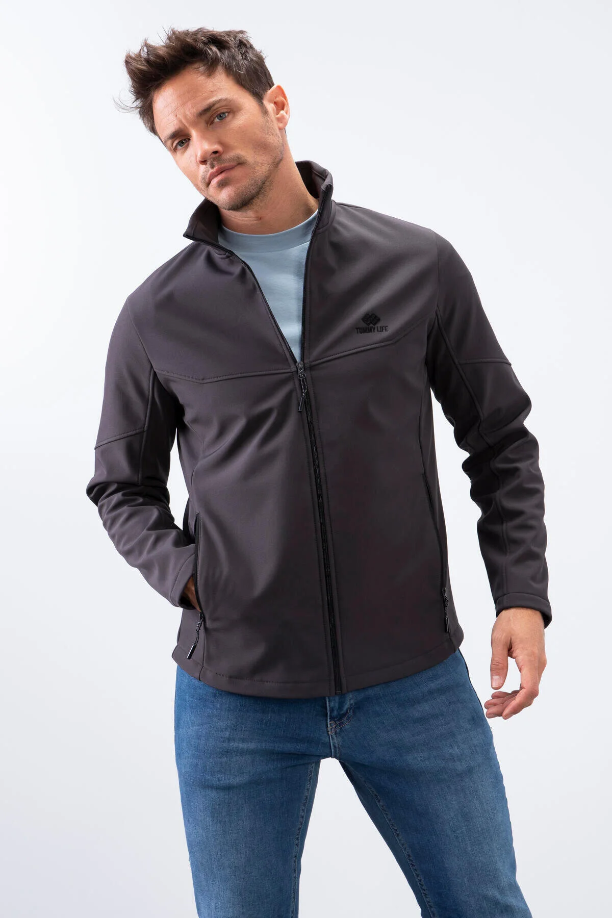 کاپشن کت مردانه یقه زیپ دار ضد آب و باد آنتراسیت SOFTSHELL 88050 TOMMY LIFE