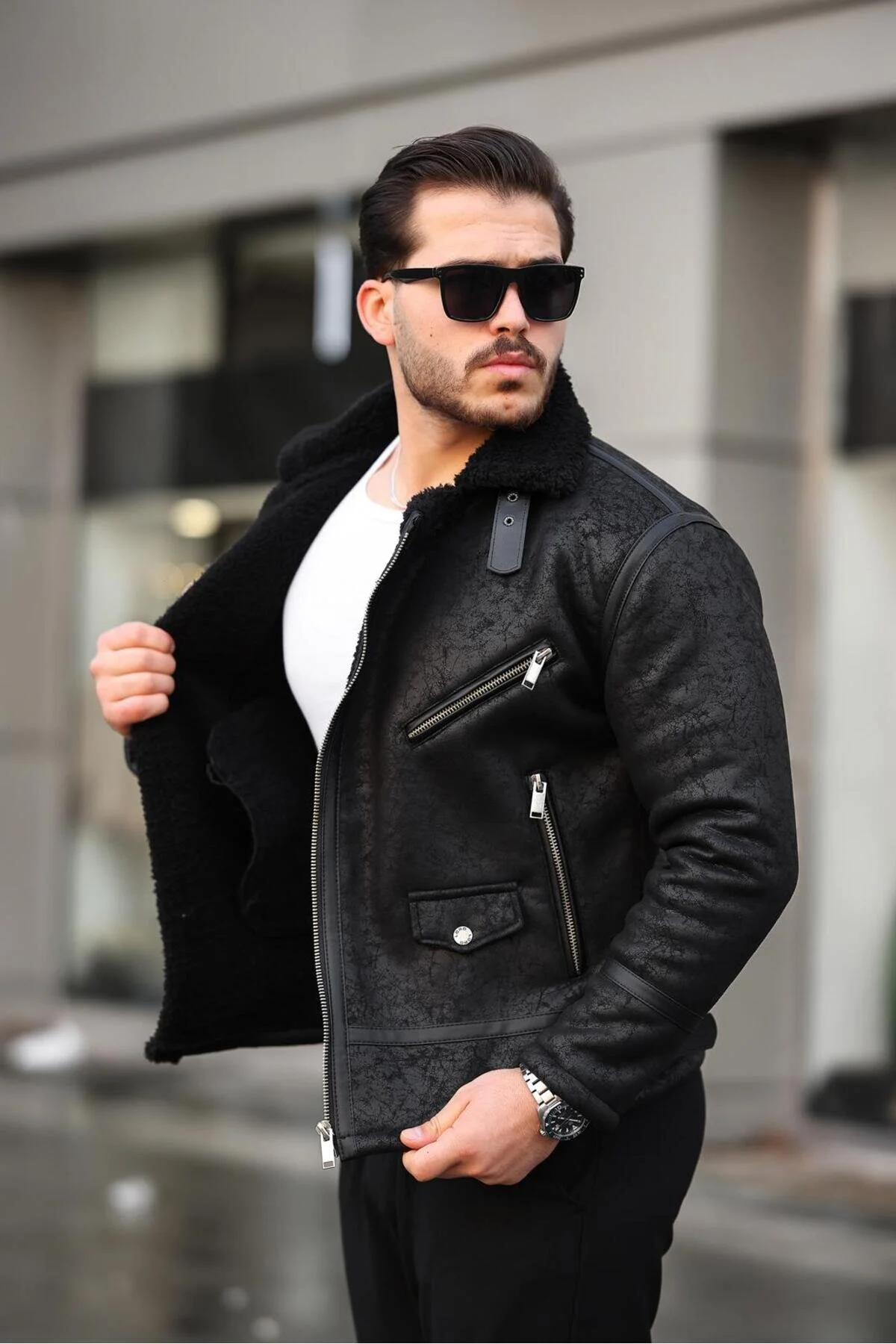 کاپشن کت مشکی باریک و مردانه ناپا داخل فول SHEARLING LORD life
