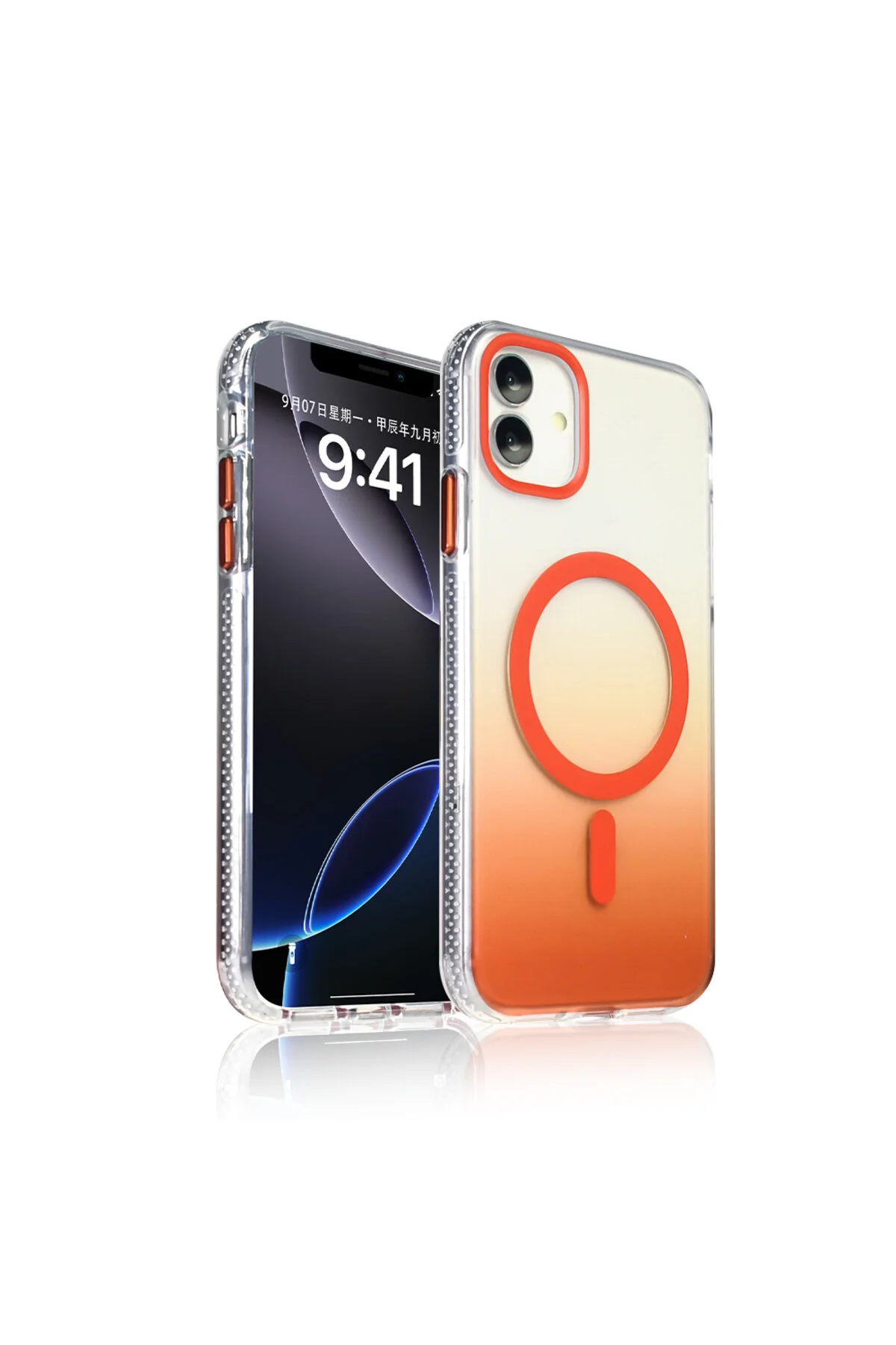 کاور و قاب آیفون 11 کیس M SAFE شارژ با قابلیت انتقال رنگ شفاف پوشش TOROS نارنجی tekno grup