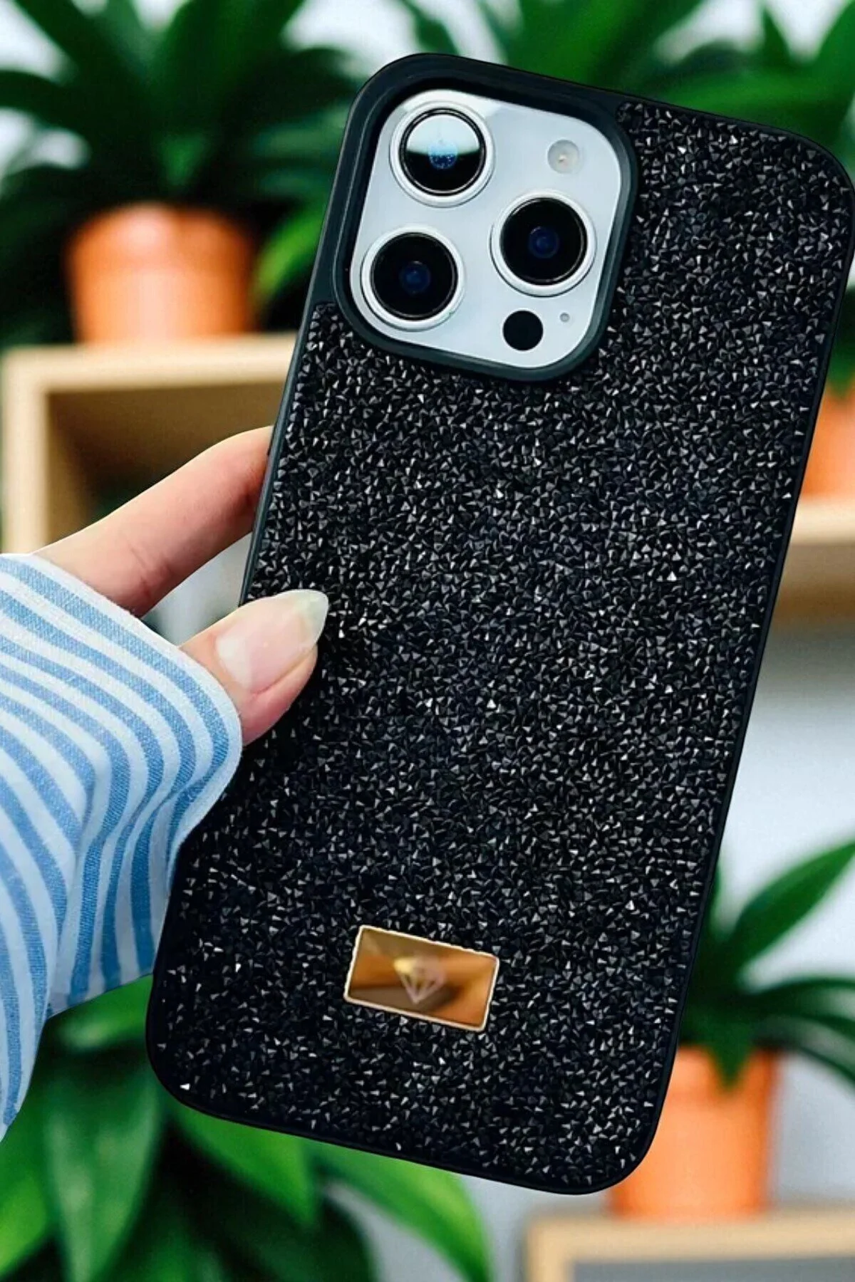 کاور و قاب سازگار با IPHONE 15 PRO MAX – طراحی الماس سنگ سیاه سیلیکونی درخشان Case