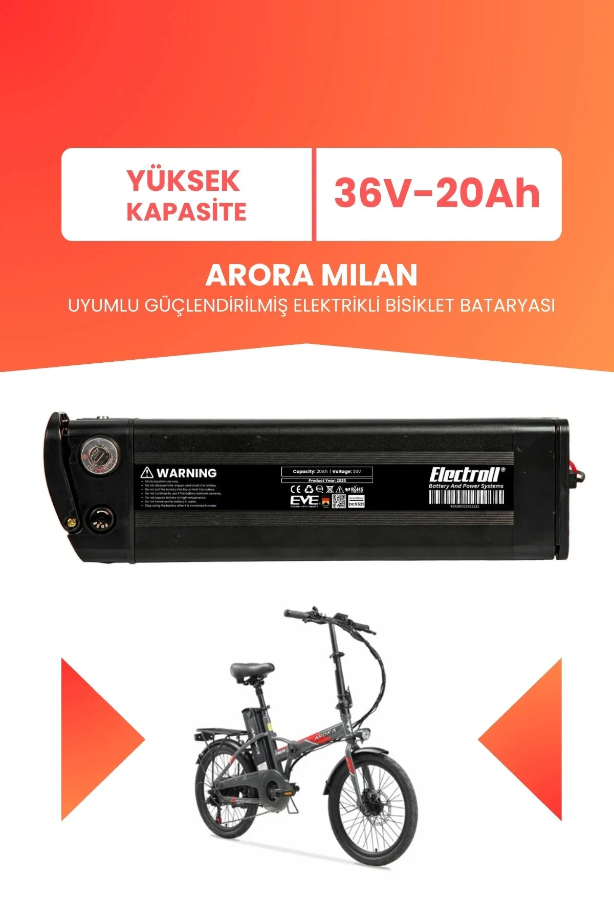لوازم جانبی دوچرخه برقی باتری تقویت شده 36 ولت 20 آمپر ساعتی ظرفیت بالا ARORA MILAN ELECTROLL