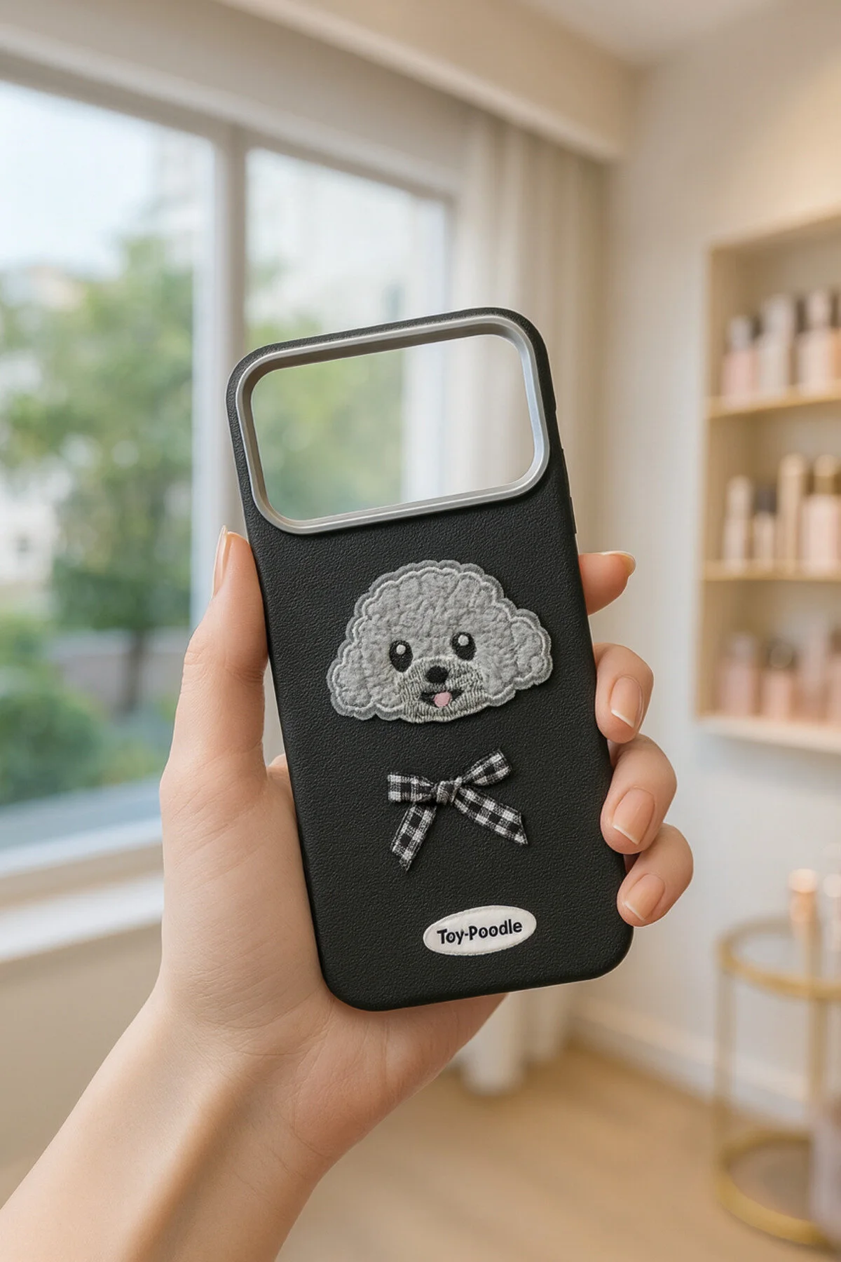 کاور و قاب گوشی مشکی گلدوزی شده IPHONE 17 PRO MAX CASE مدل شیک درجه یک با جزئیات پاپیون MustCase