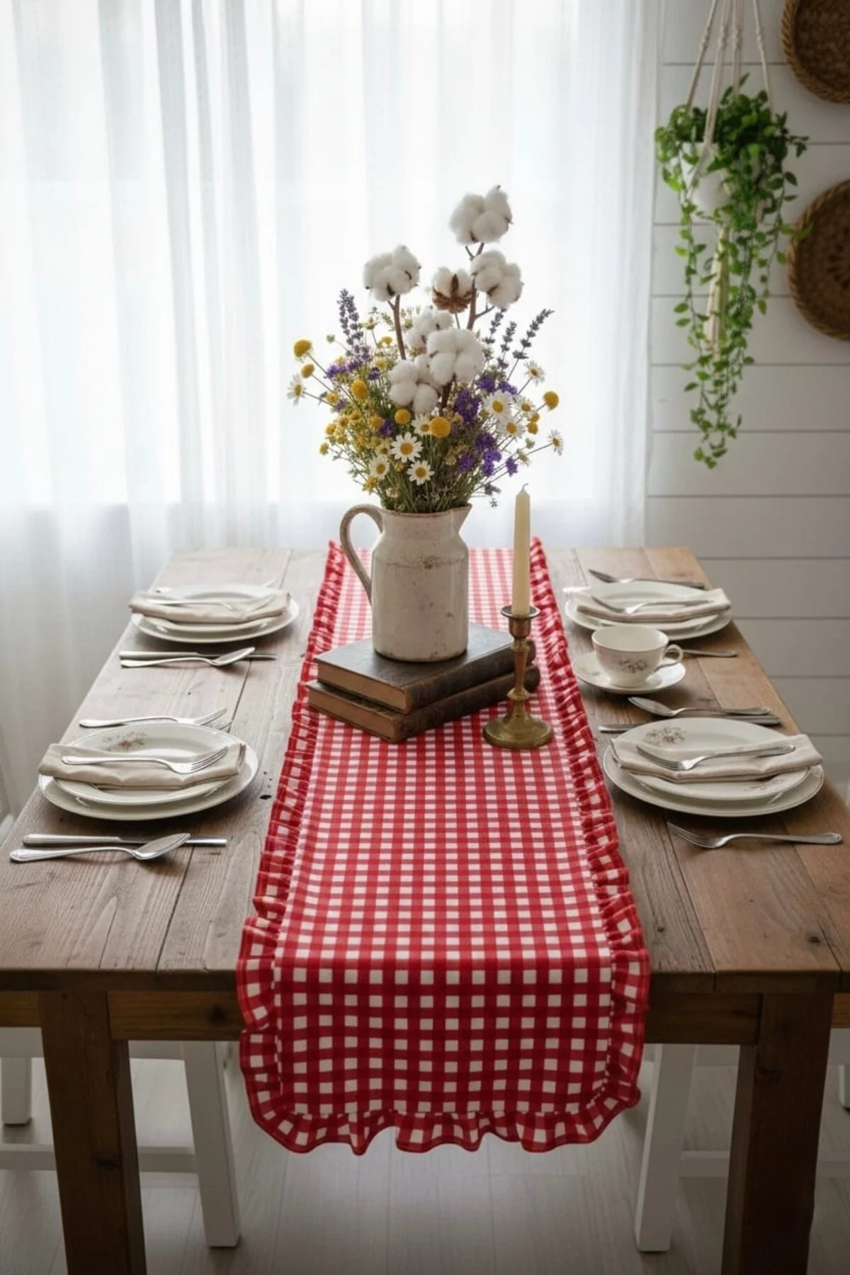 رانر و زیر بشقابی RUNNER KARELI RUFFLE VINTAGE RED DUCK LINEN 40X130 vintagetasarım
