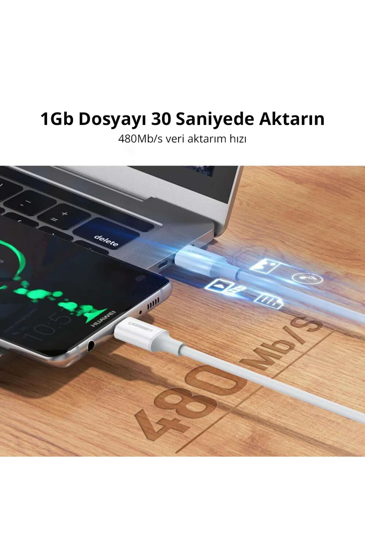 شارژر کابل شارژ سریع USB C 100W 5A QC PD 1 متر سفید 60551 Ugreen
