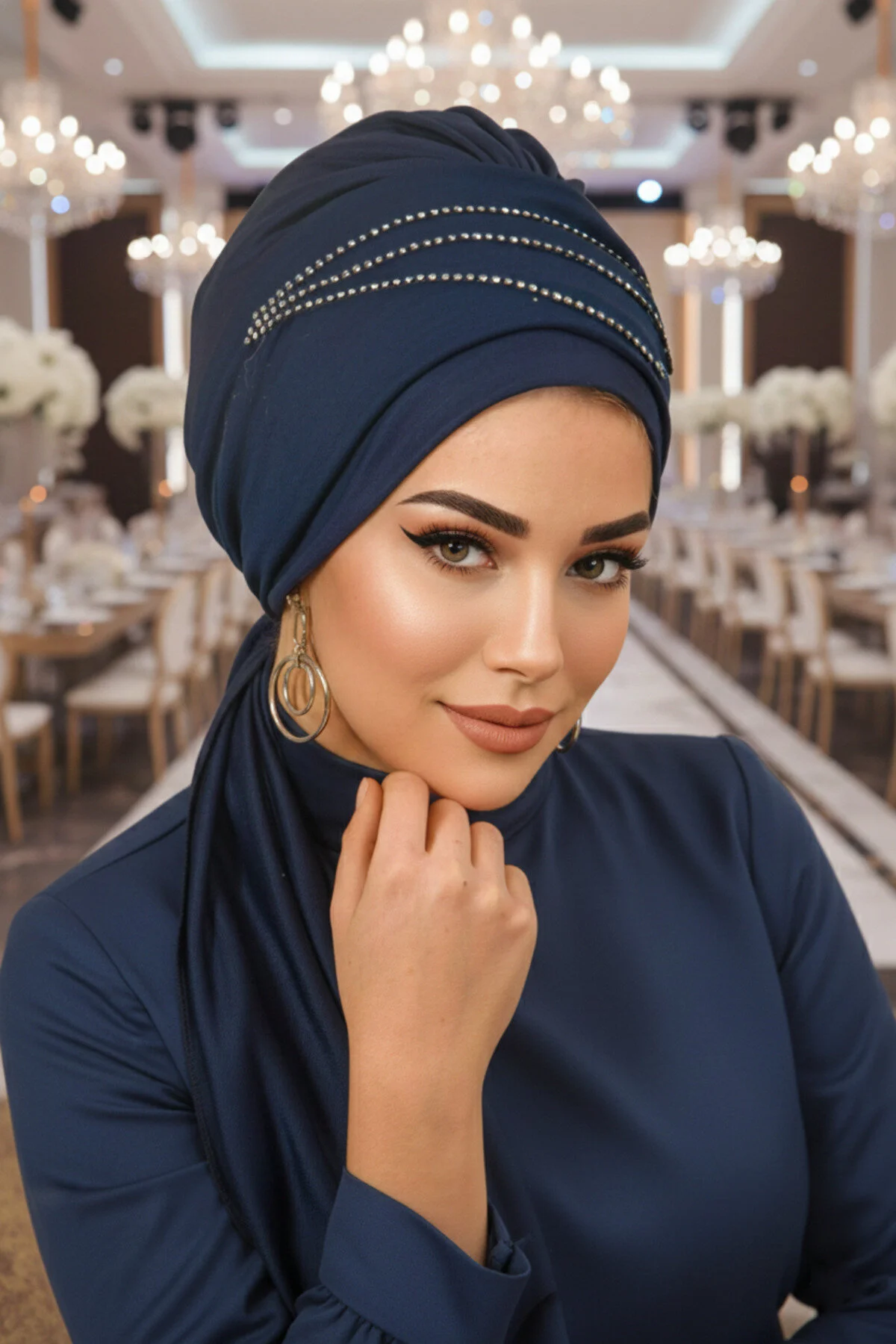 شال کلاه لباس شب روسری سنگی آبی سرمه ای Aişe Tesettür