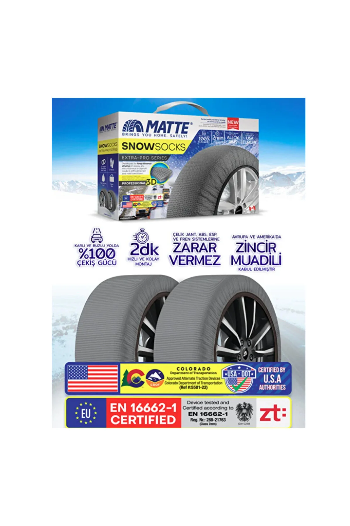 زنجیر چرخ 155 65 15 سایز کوچک 58 AUTO SNOW SOCKS GREY EXTRA PRO Matte