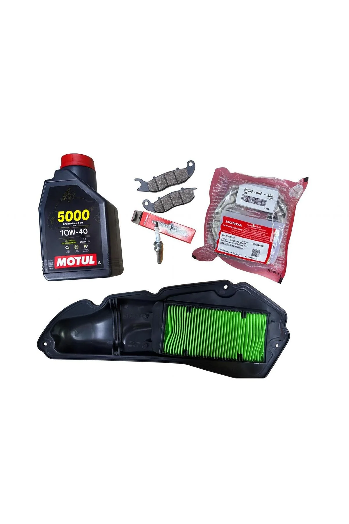 محصول مراقبت لنت ترمز HONDA PCX 2021–2025 MAINTENANCE SET PREMIUM – فیلتر هوا + شمع اصلی MOTUL 5000 پد جلو عقب OEM