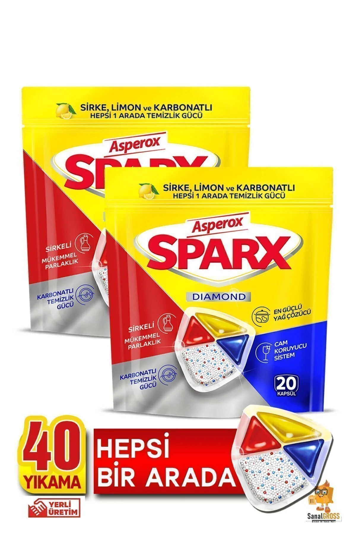 قرص و پودر ماشین ظرفشویی بسته های SPARX 20'S X 2 40 شستشو ASPEROX