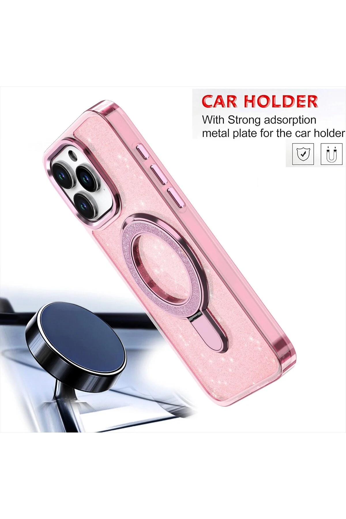 کاور و قاب سیلیکونی ضد ضربه با پایه براق سازگار آیفون 16 پرو مکس Goldie Case