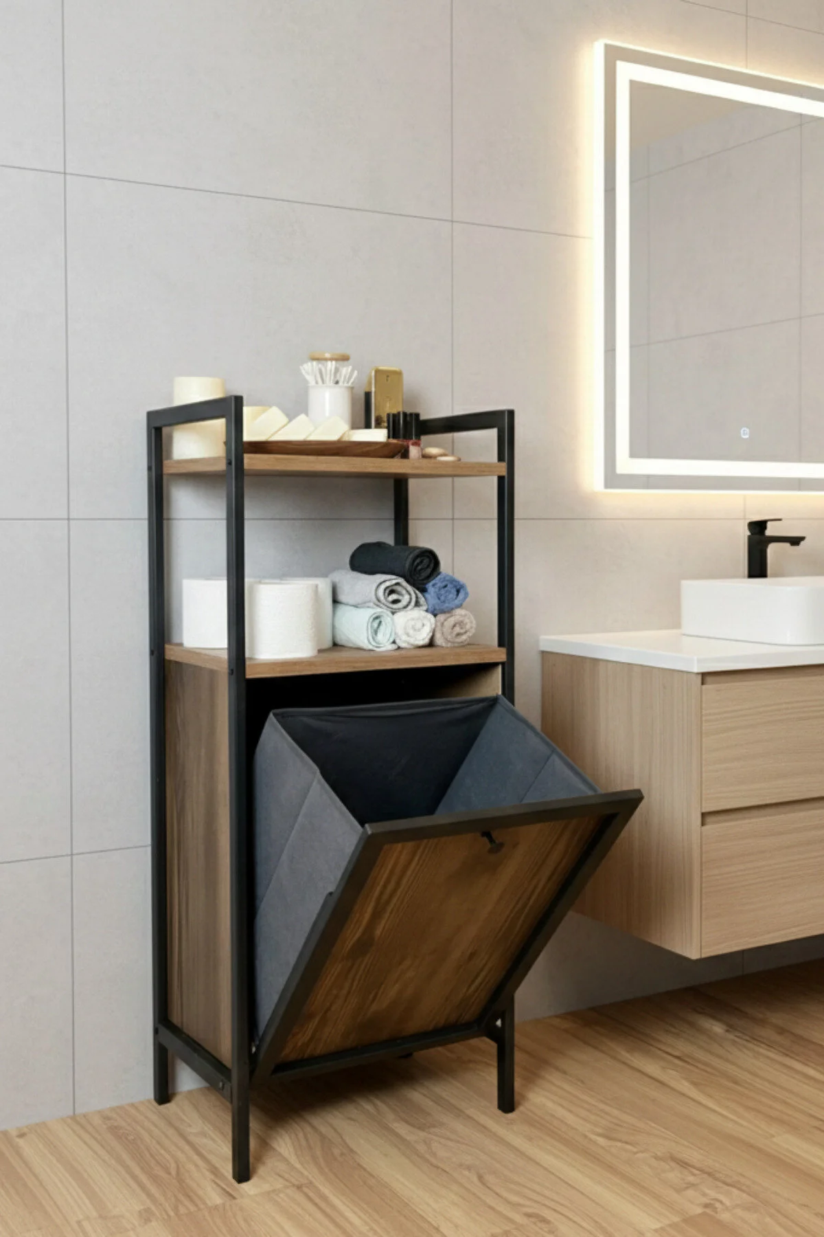 سبد رخت چند رنگ لباس رختشویی کثیف فلزی سازمان دهنده حمام چوبی کابینت قفسه Milonsa