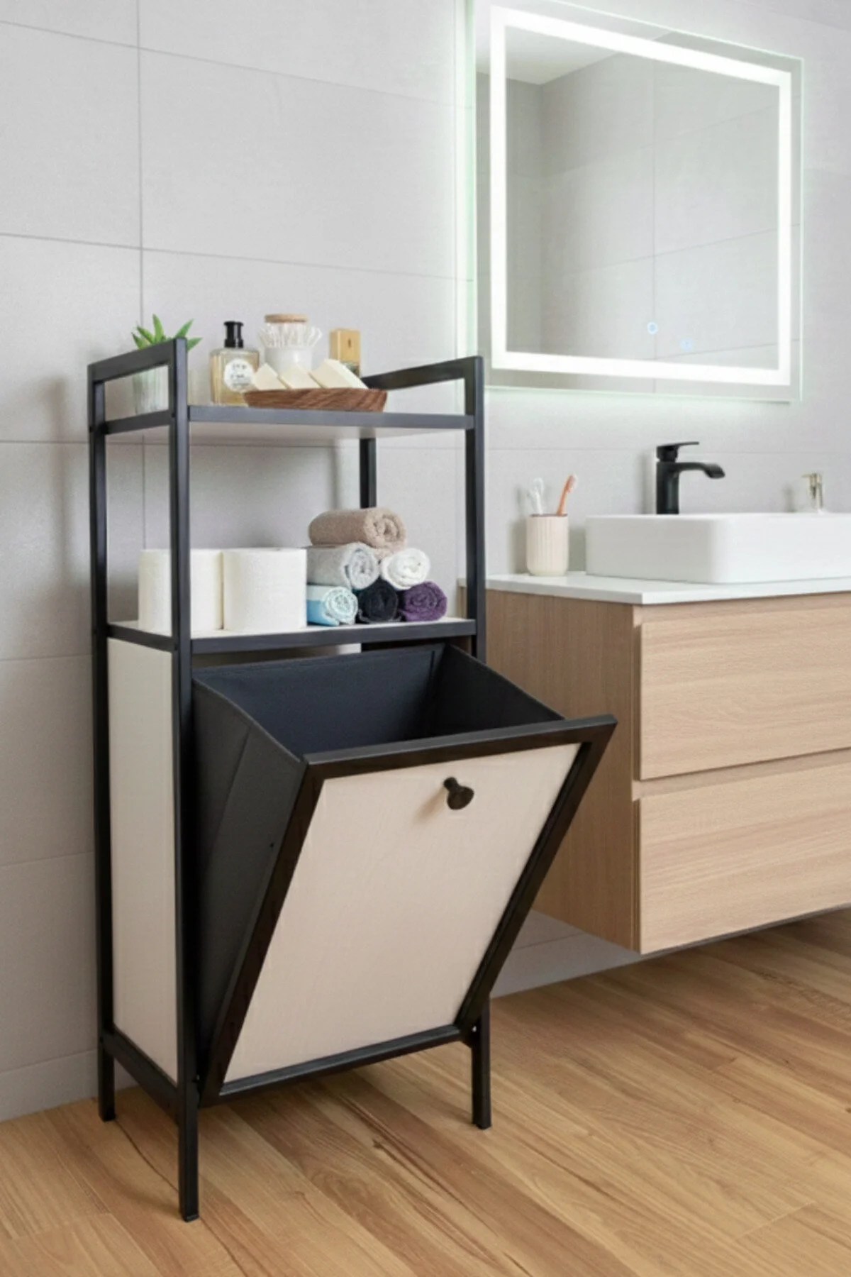 سبد رخت سفید لباس رختشویی کثیف فلزی سازمان دهنده حمام چوبی کابینت قفسه Milonsa
