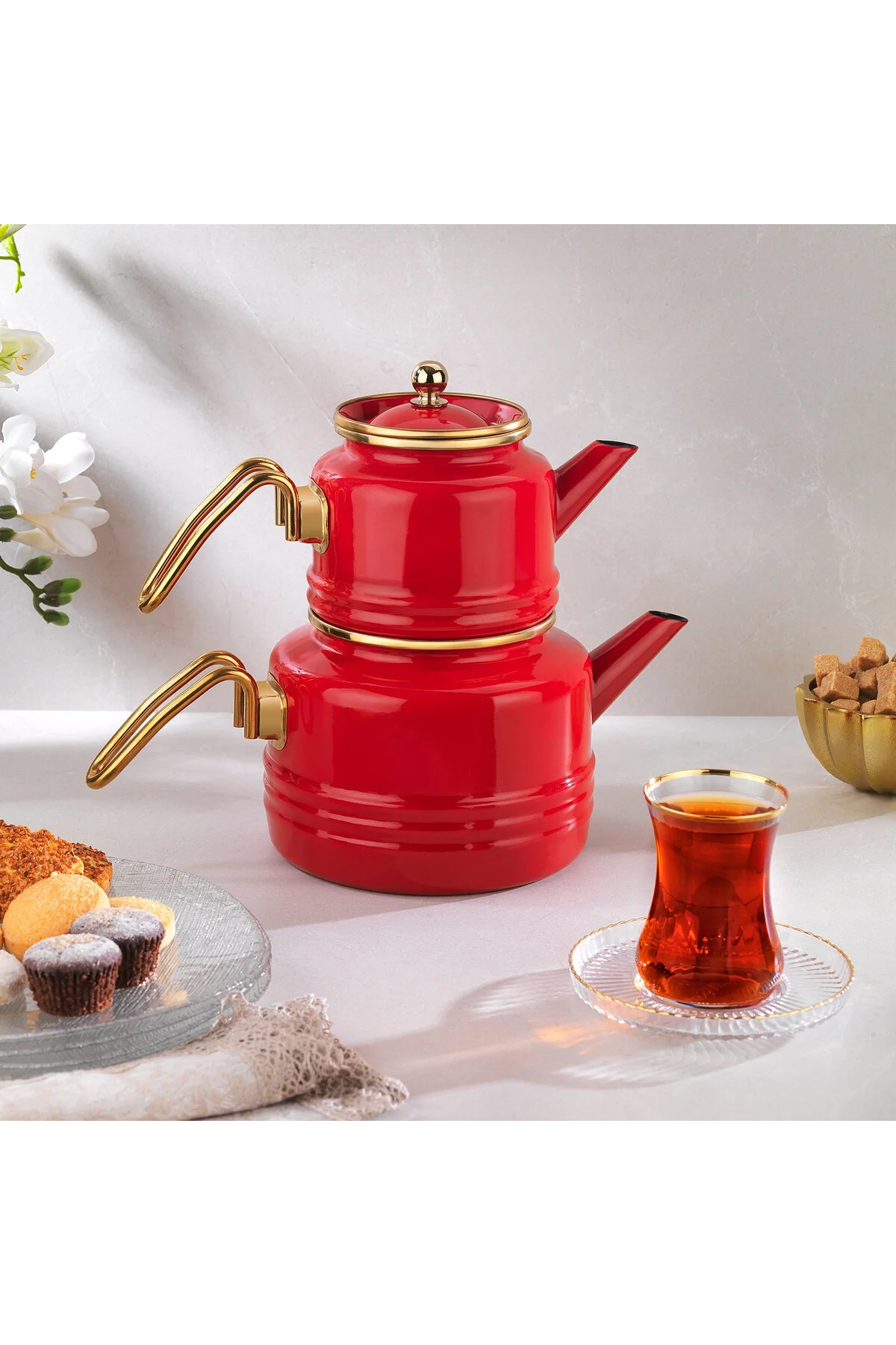 کتری قوری چای‌ساز سنتی TEAPOT EMILY مینا 3 قطعه قرمز Schafer