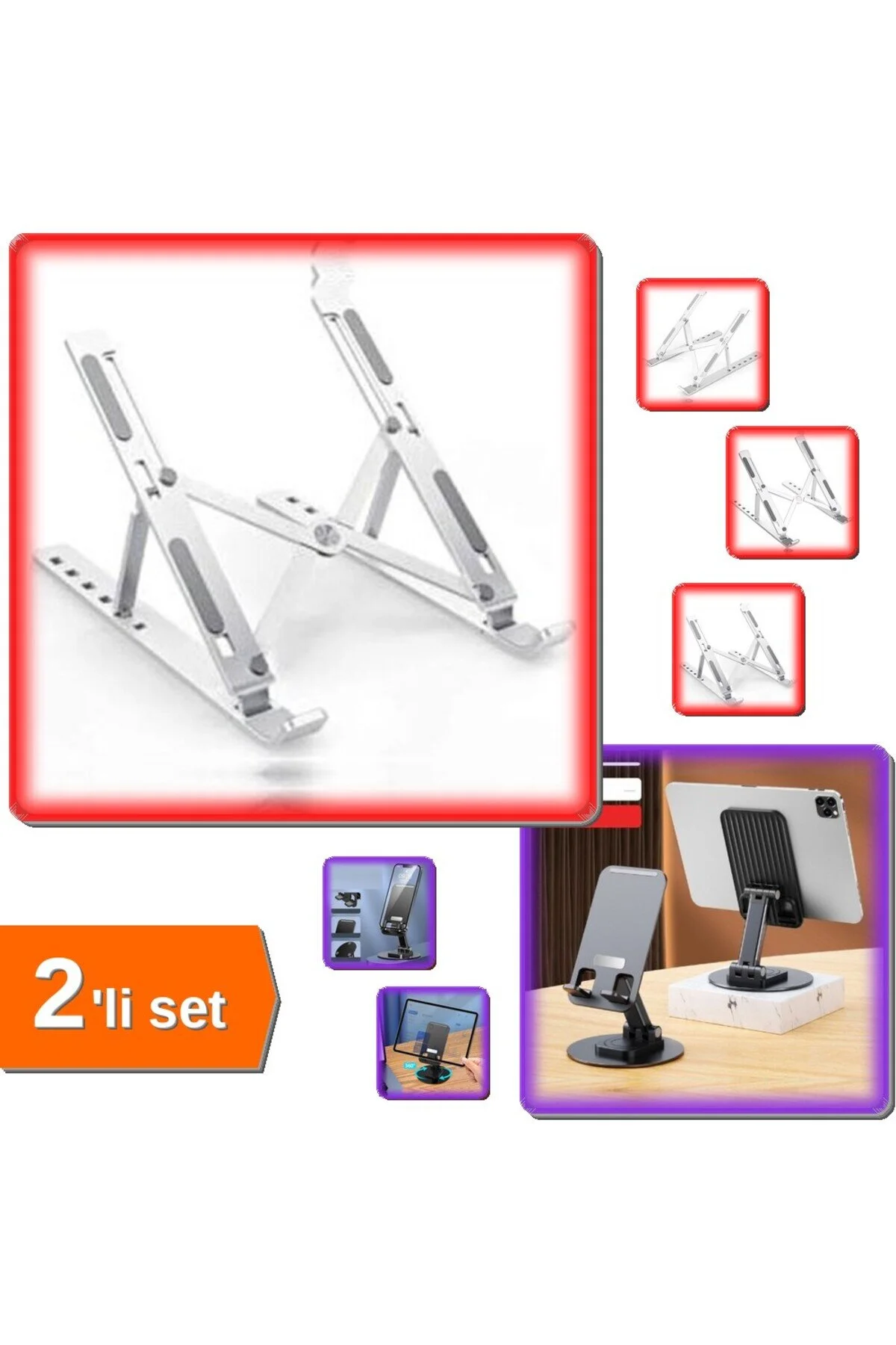 پایه تبلت لپ تاپ آلومینیومی قابل تنظیم + نگهدارنده تلفن تاشو مجموعه 2 عددی Z6E2P2 HerEveOyuncak