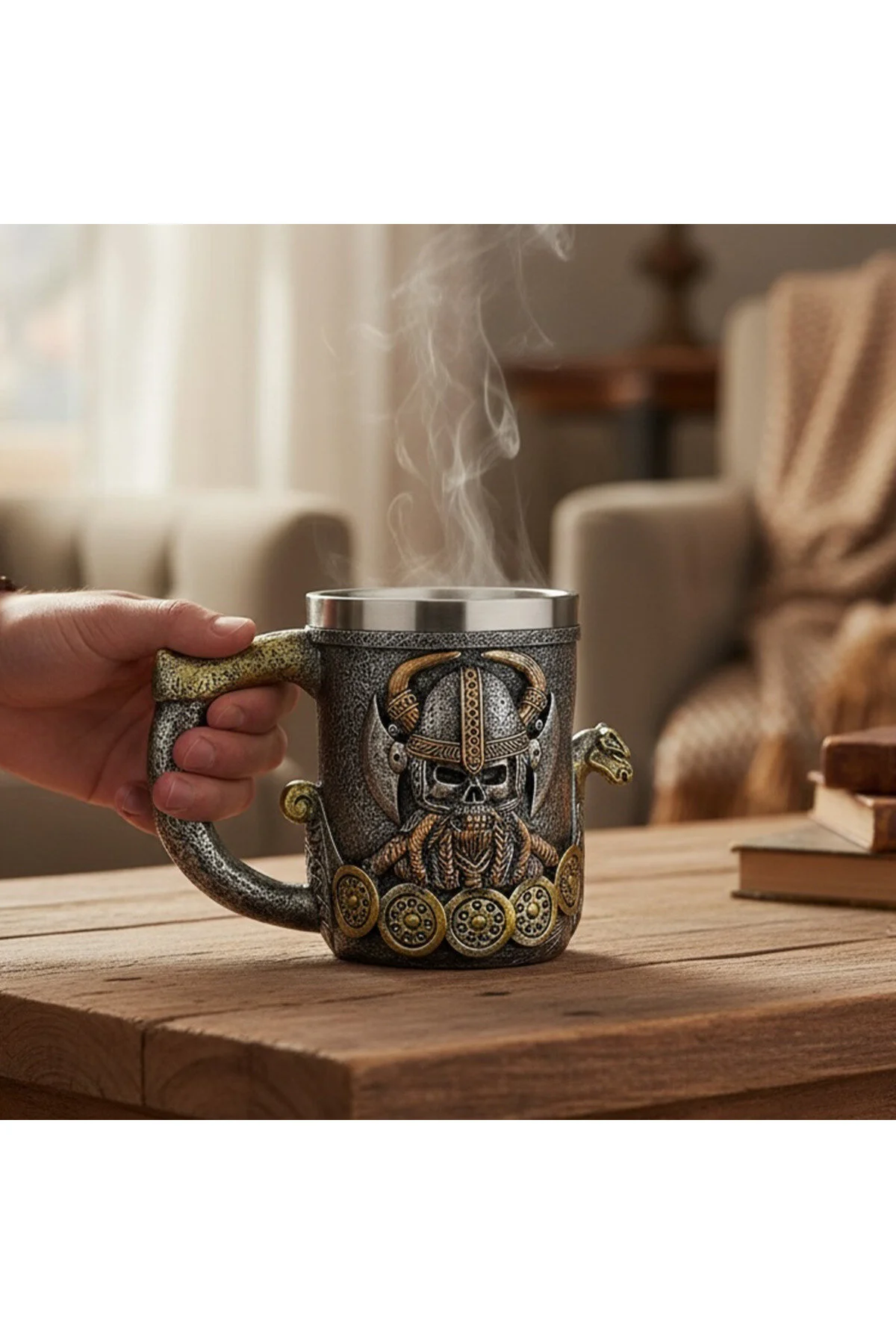 ماگ لیوان با بدنه جنگجوی کلاه ایمنی وایکینگ محفظه داخلی فولاد ضد زنگ keyfim shop