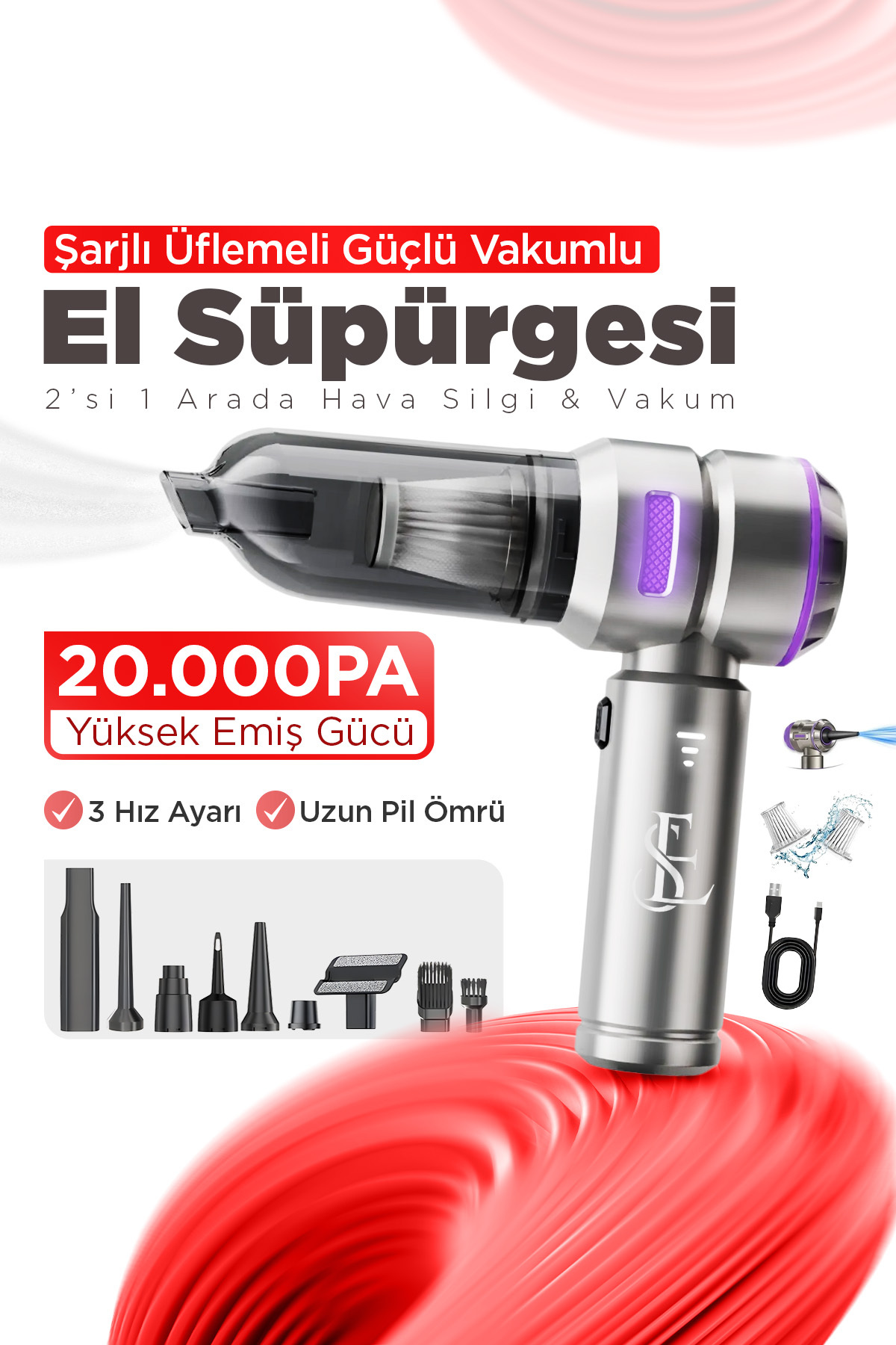 جاروبرقی داخل خودرو 20,000 PA BLOWING قدرتمند خودروهای اداری خانگی دستی قابل شارژ چند منظوره EN SİGA