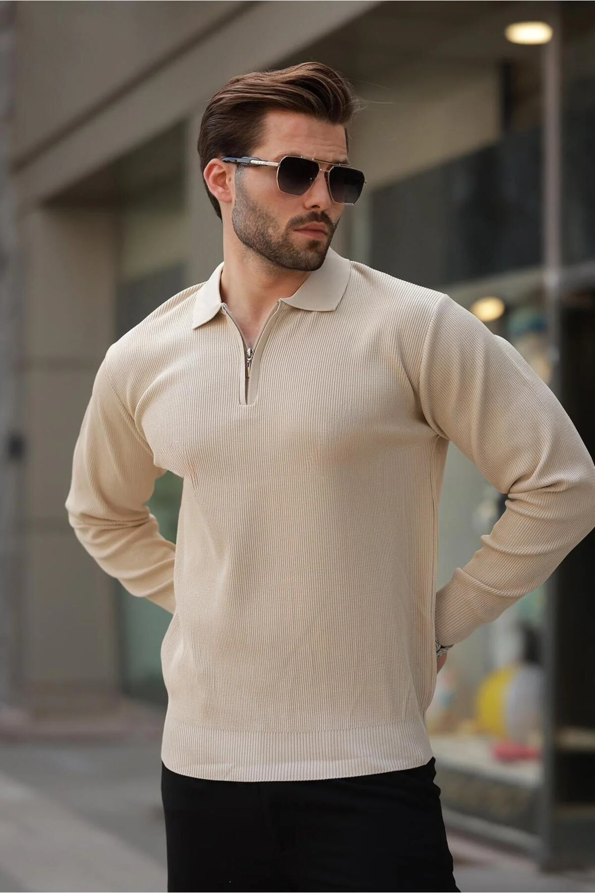 پلیور نود مردانه رنگ بژ Polo Yaka Zipper Sleeve Sweater مدمکس Madmext