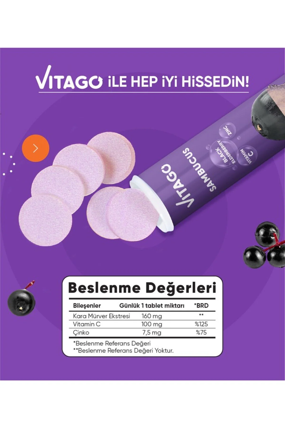 Vitago قرص حجمگیریشده ویتامین C و روی سامبوکوس