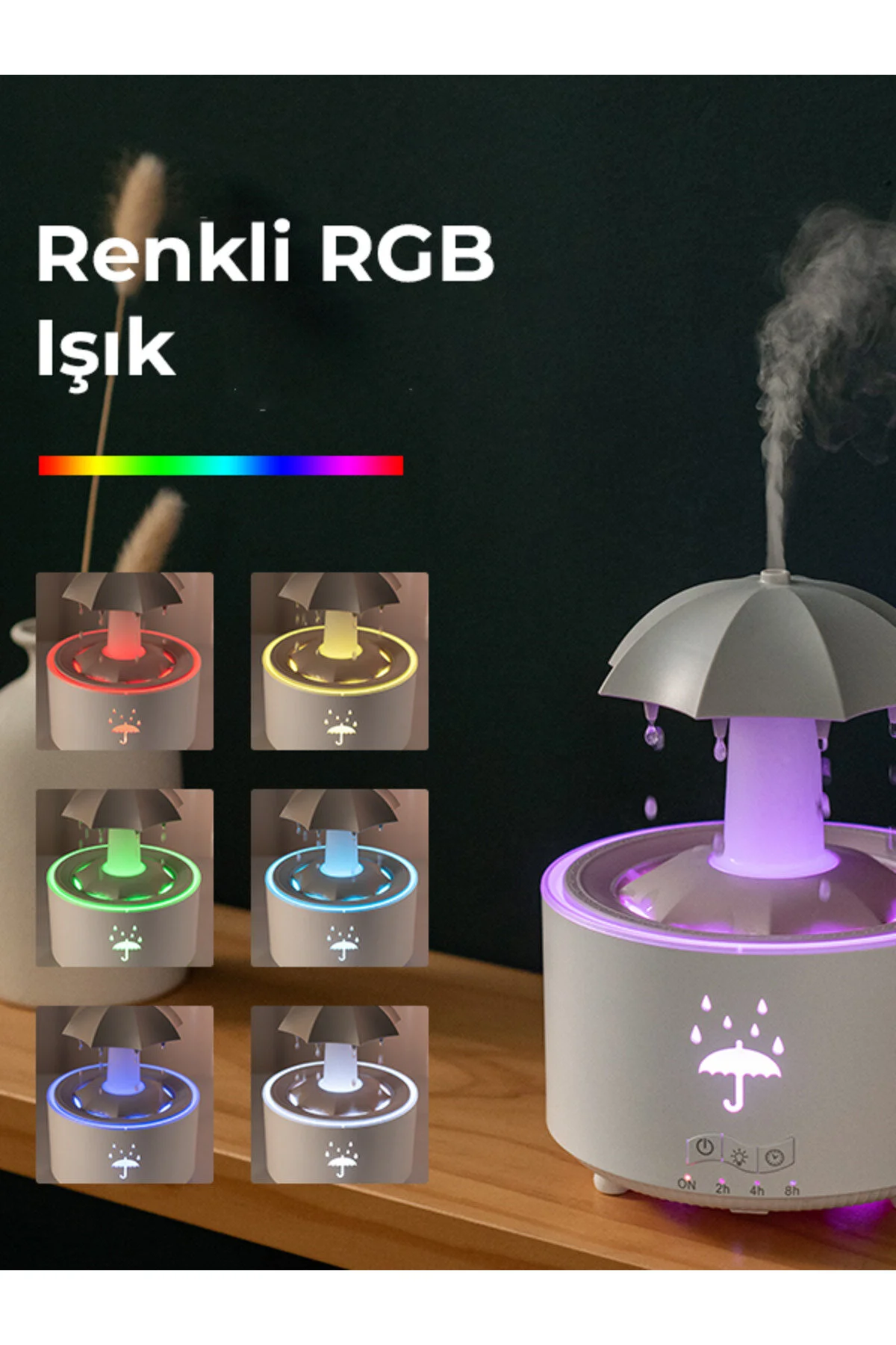دستگاه بخور مرطوب کننده هوا قطره باران چرخشی طرح چتر رایحه درمانی با کنترل از راه دور نور RGB ERDİNEKS