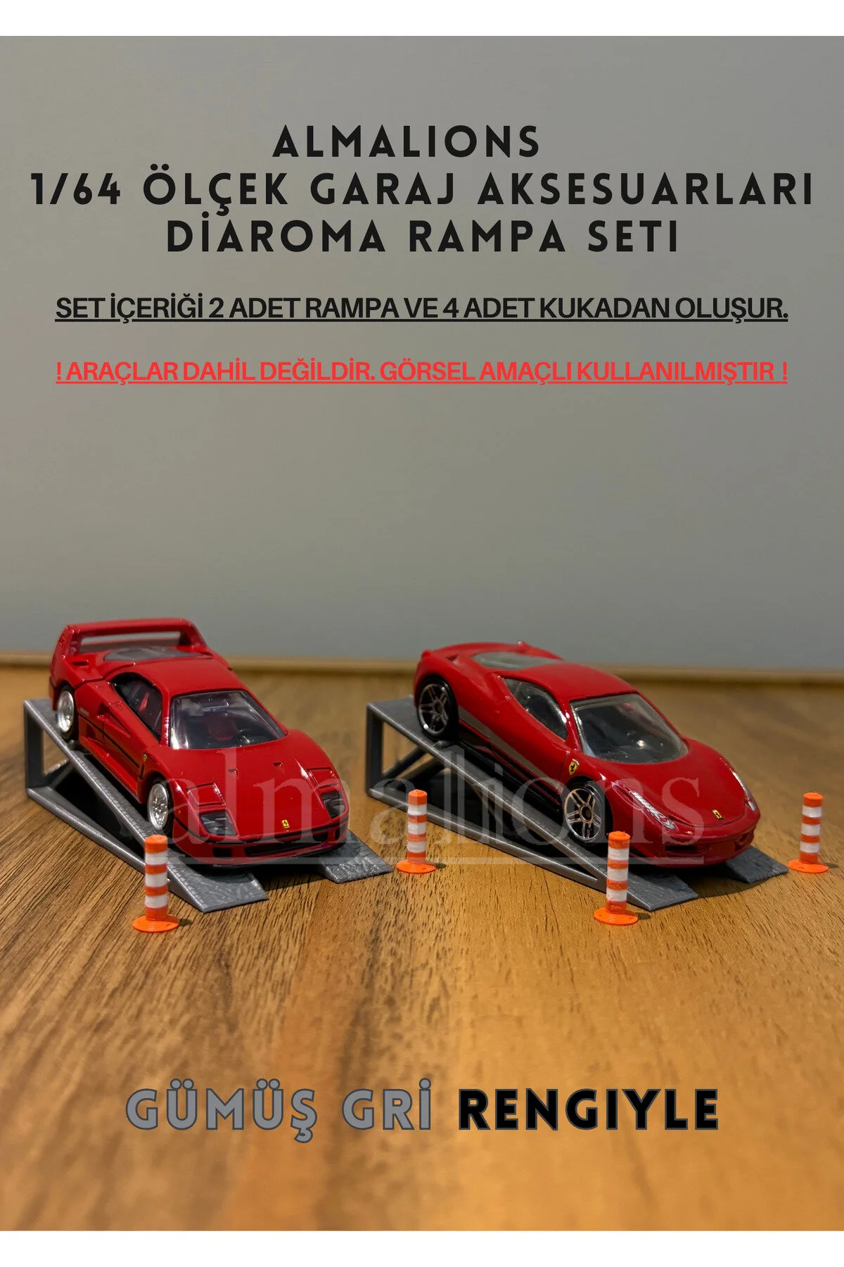 ماشین اسباب بازی 1 64 SCALE DIAROMA RAMP CAR 2 PIECES + 4 KUKA GARAGE ACCESSORIES نقره ای خاکستری almalions